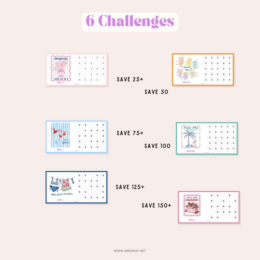 Bright and delightful set of six printable A6 savings challenges brings fun and personality to your financial goals. Six different color and different saving goals.