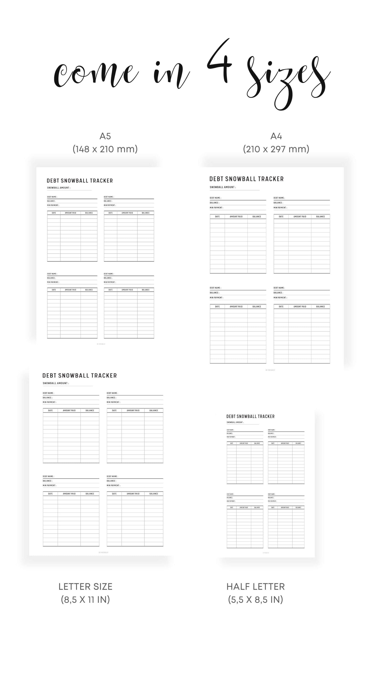 A4, A5, Letter, Half Letter Minimalist Debt Snowball Tracker Template Printable with Multiple debt in one page