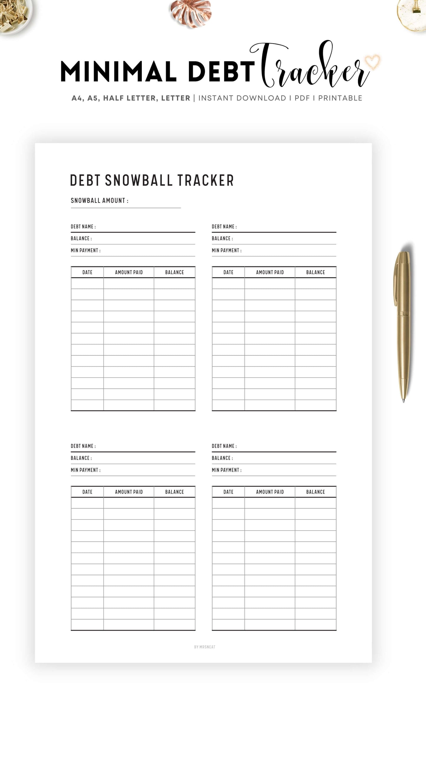 Minimalist Debt Snowball Tracker Template Printable with Multiple debt in one page