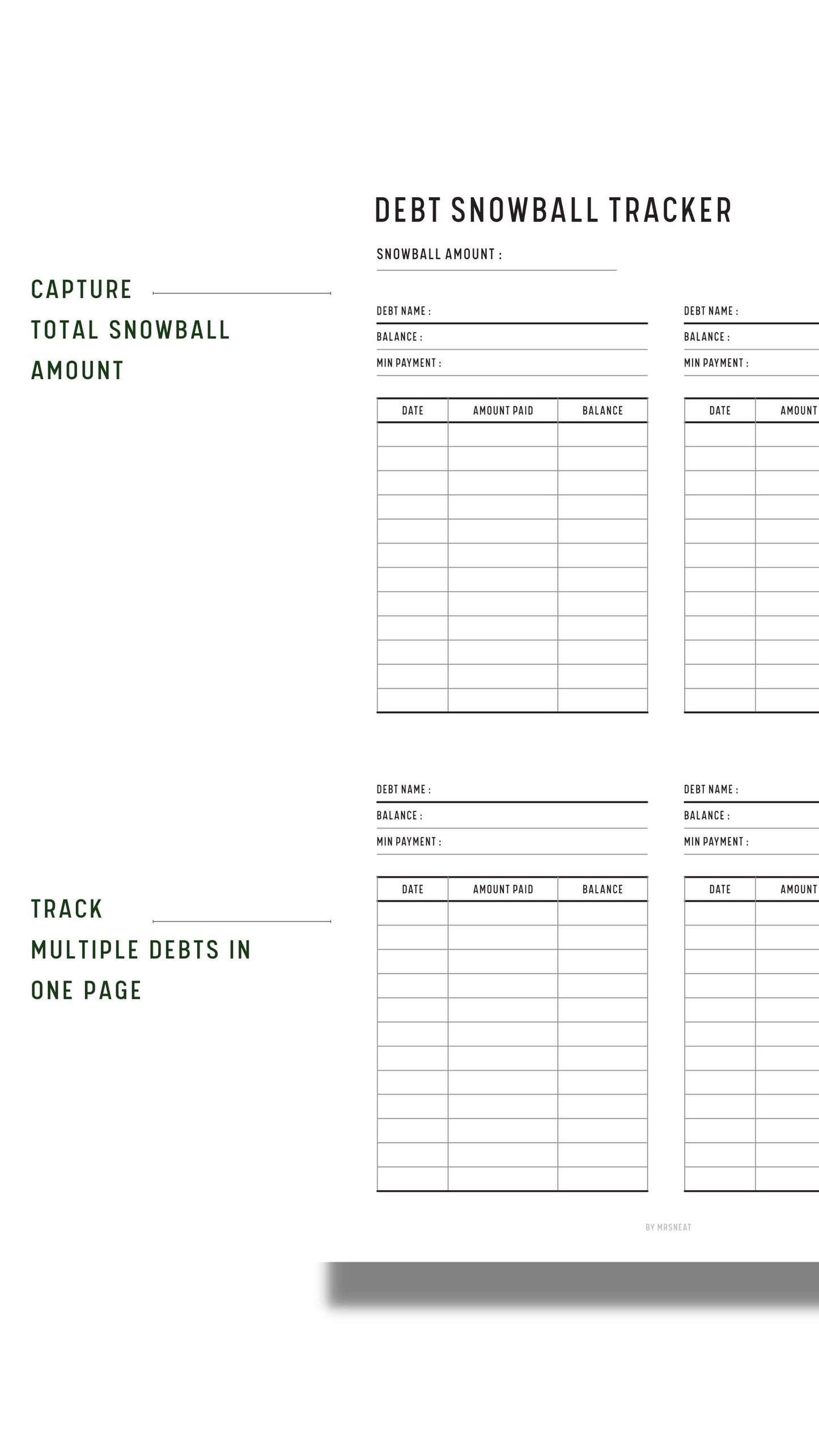 Minimalist Debt Snowball Tracker Template Printable with Multiple debt in one page to capture total snowball amount