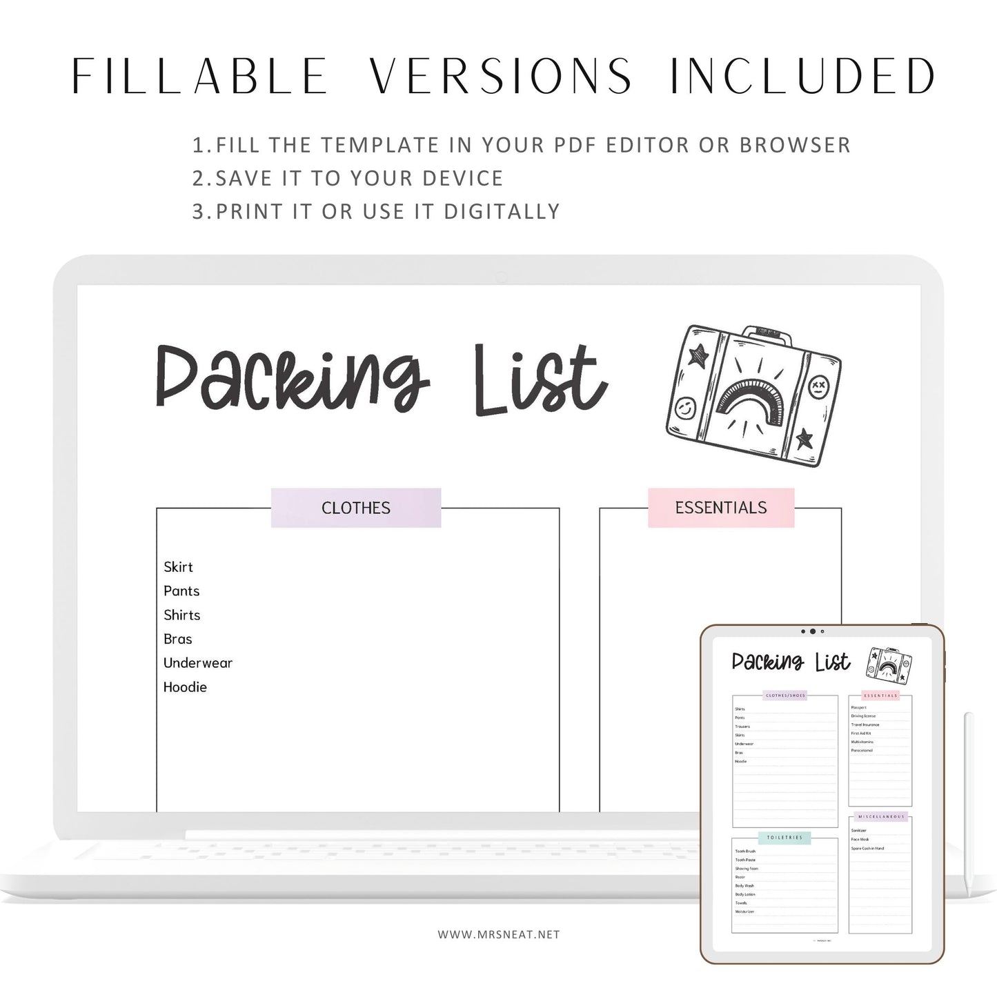 Fillable Travel Packing List, Packing List Template, Packing List Printable, Travel Planner Printable, 2 Versions, A4/A5/Letter/Half Letter