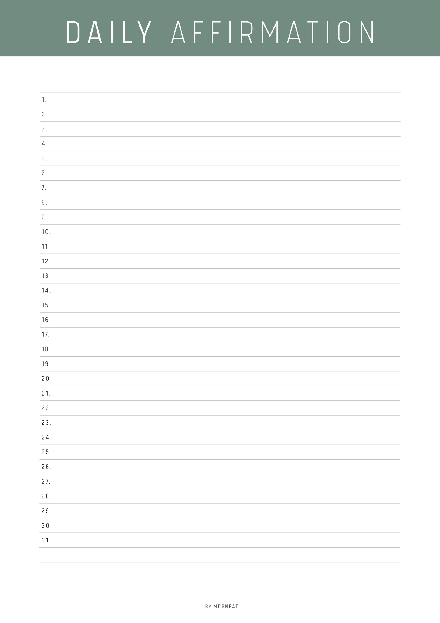 Blank sheet titled 'Daily Affirmation' with a green header and white background