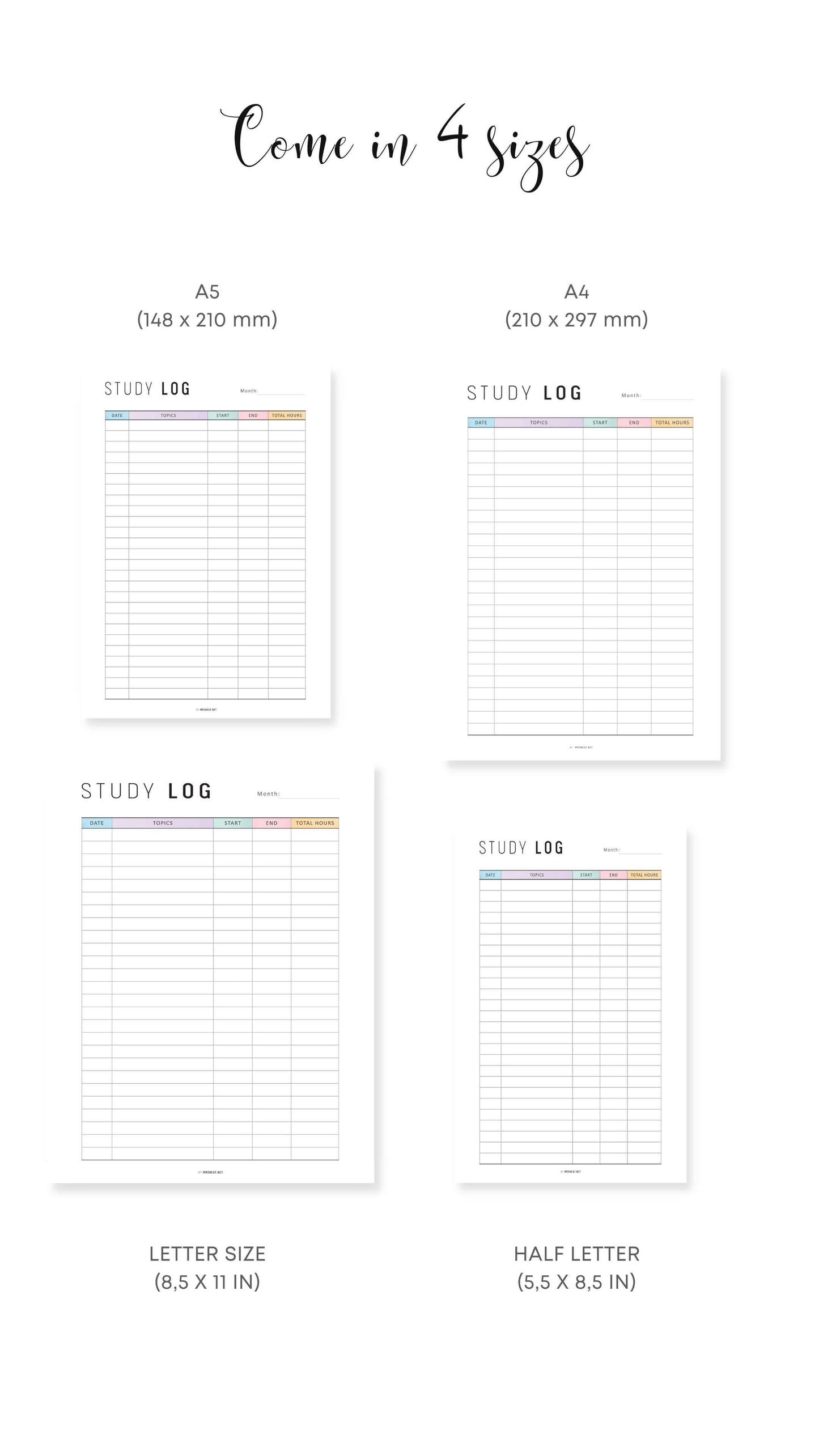 A4, A5, Letter, Half Letter Monthly Study Log Planner Printable