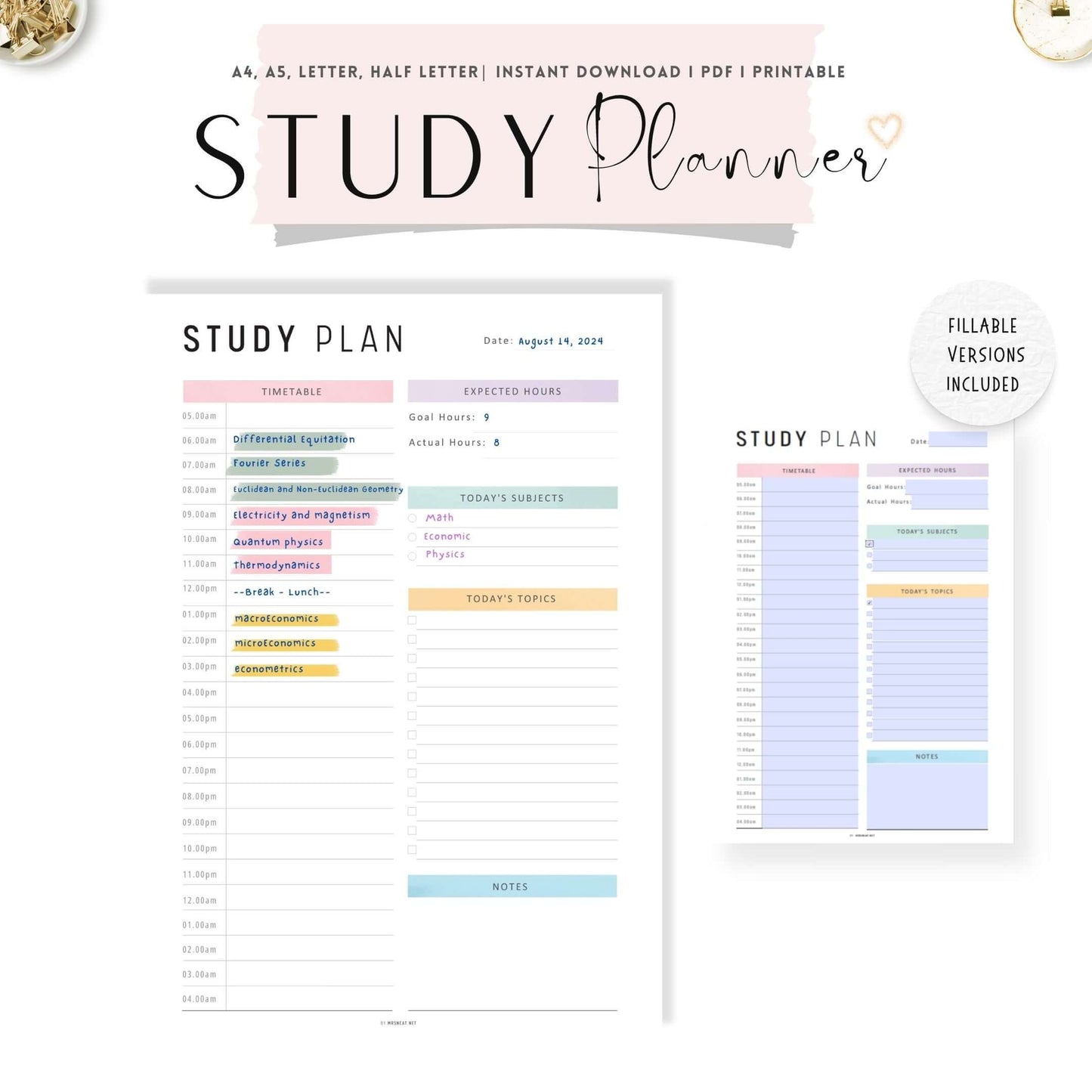 Study Planner Template PDF, A4, A5, Letter, Half Letter, PDF, PDF Fillable, Colorful Page