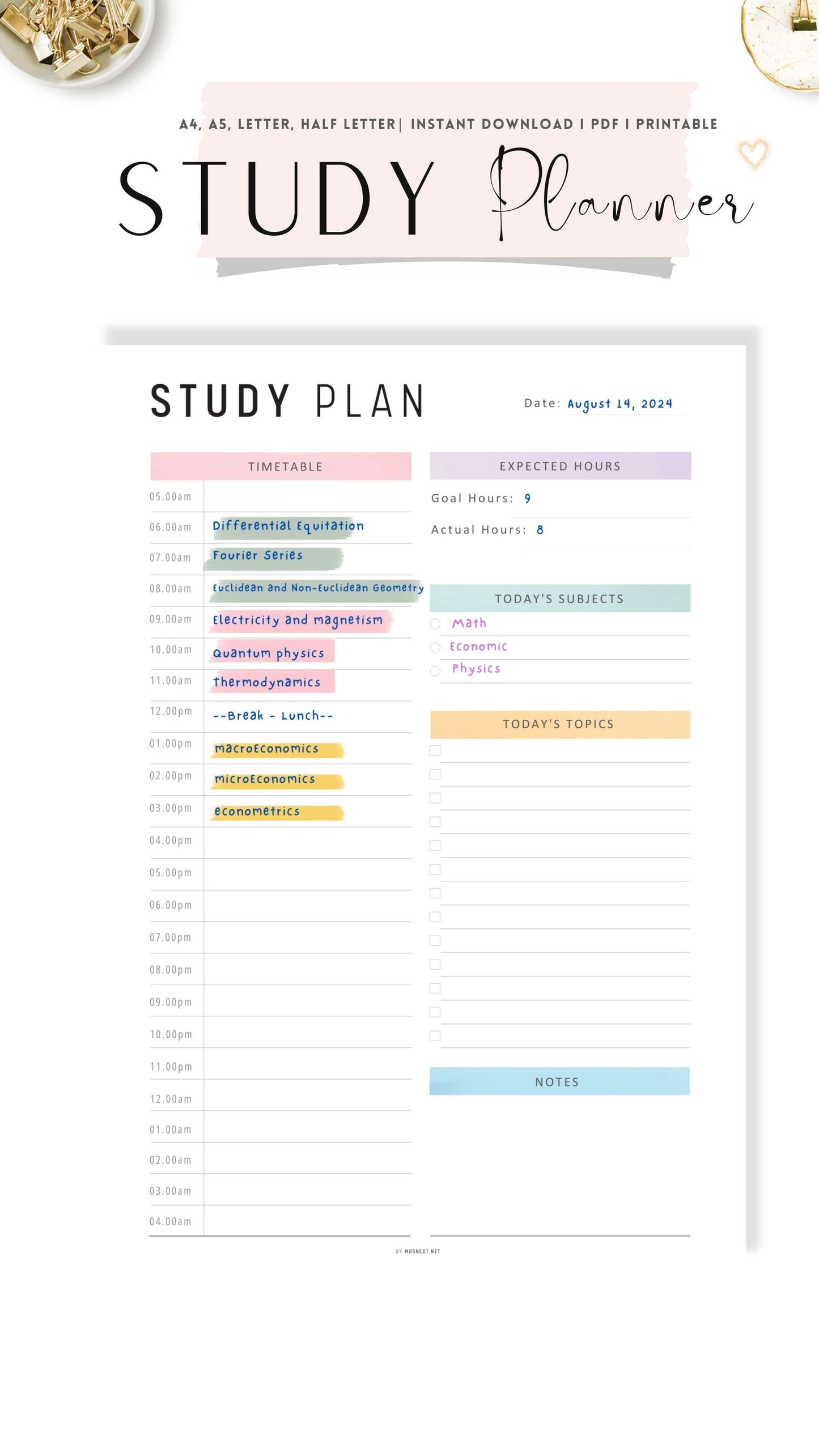 Colorful Daily Study Planner Template PDF