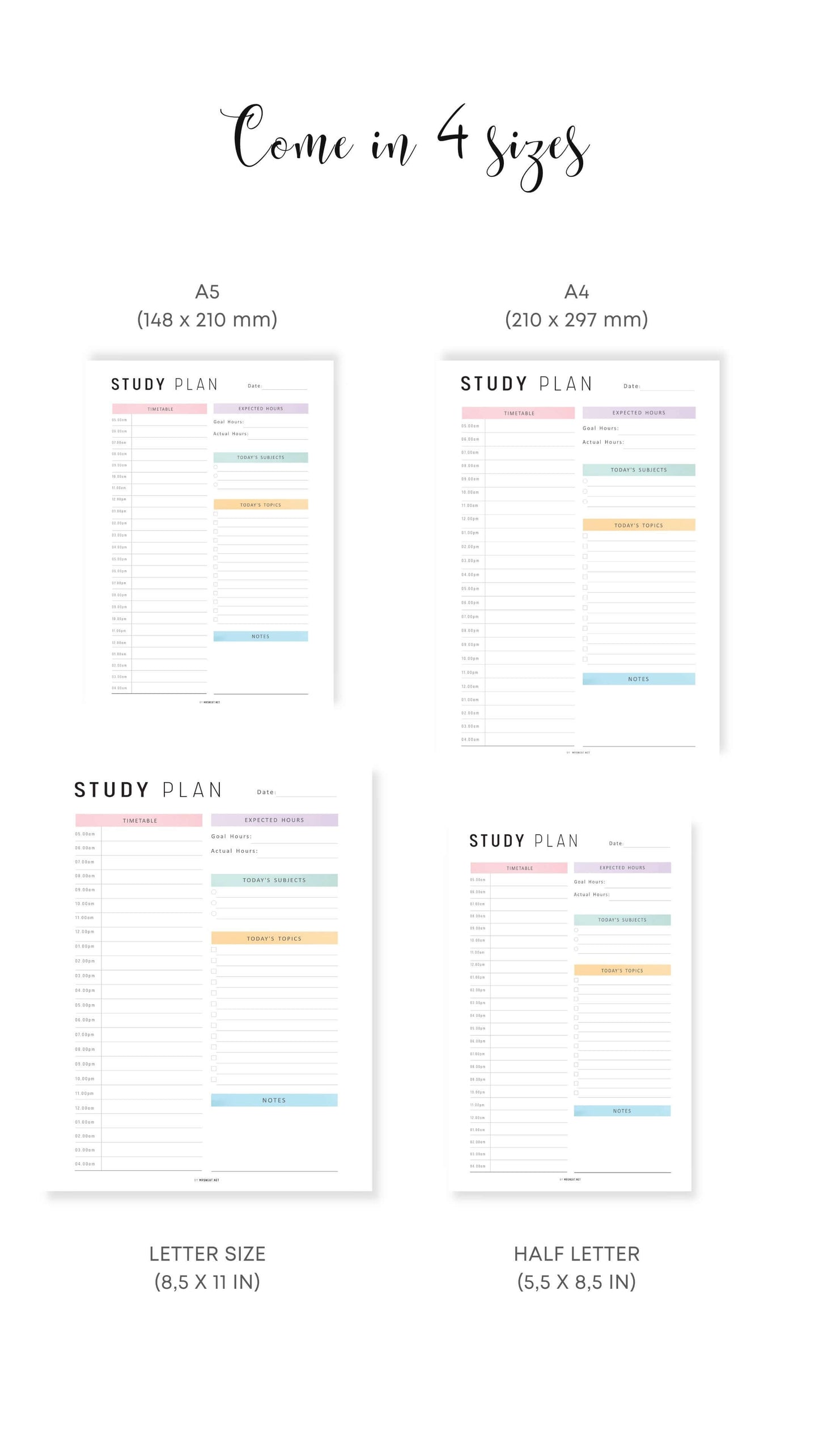 A4, A5, Letter, Half Letter Daily Study Planner Template PDF