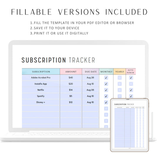 Subscription Tracker Printable, Membership Checklist, Fillable Subscription Checklist, Expense Tracker,  A4, A5, Letter, Half Letter