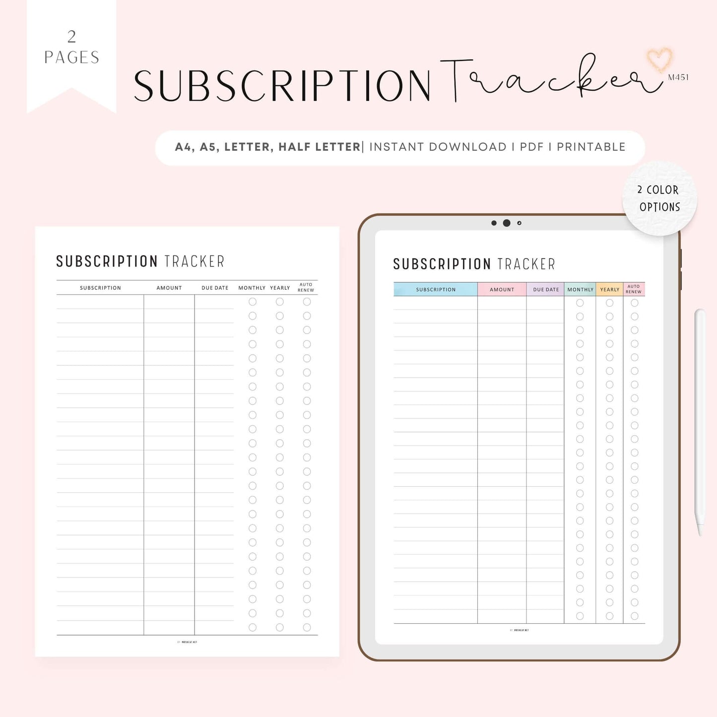 Subscription Tracker, Printable, A4, A5, Letter, Half Letter, PDF, Digital Planner, 2 Colors