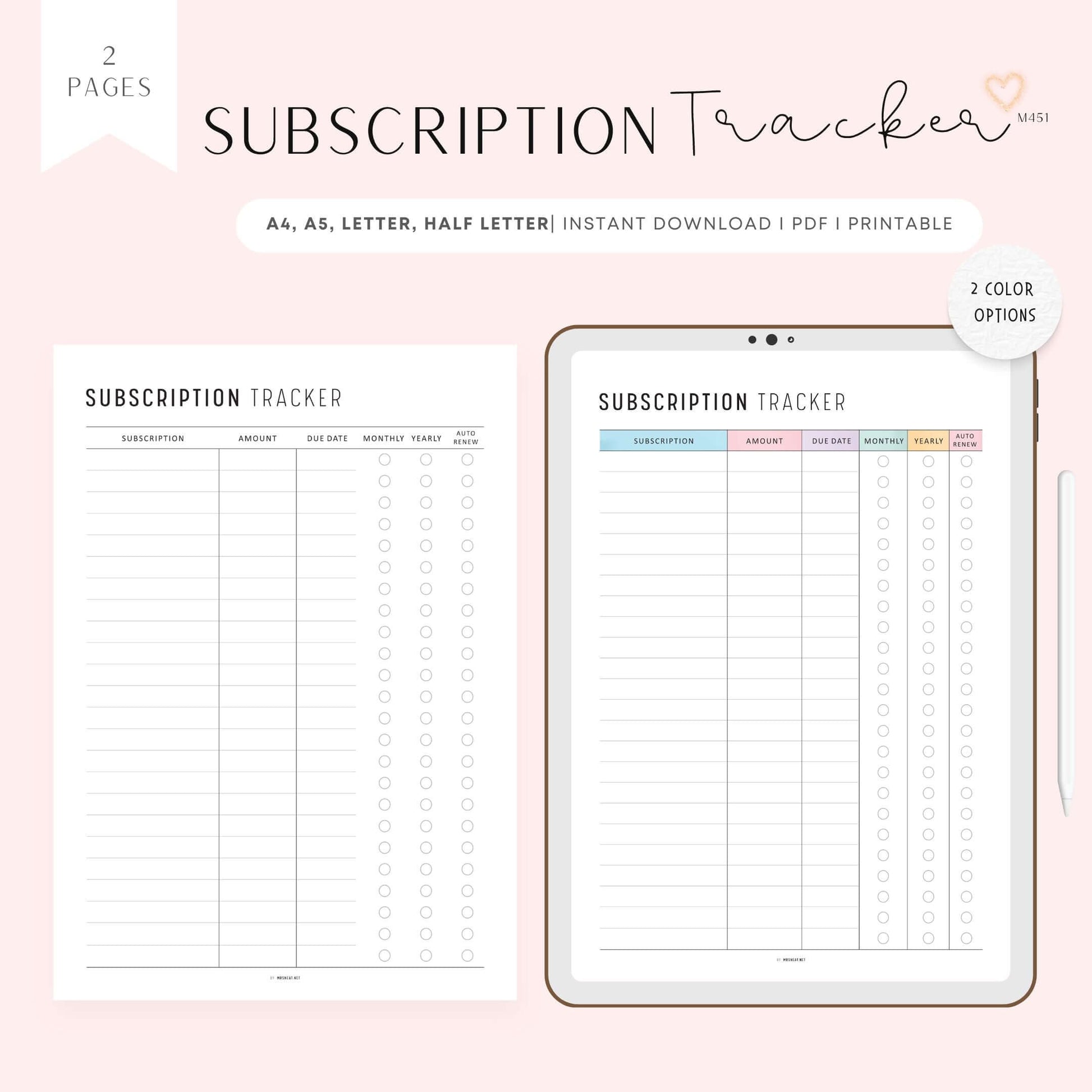Subscription Tracker, Printable, A4, A5, Letter, Half Letter, PDF, Digital Planner, 2 Colors