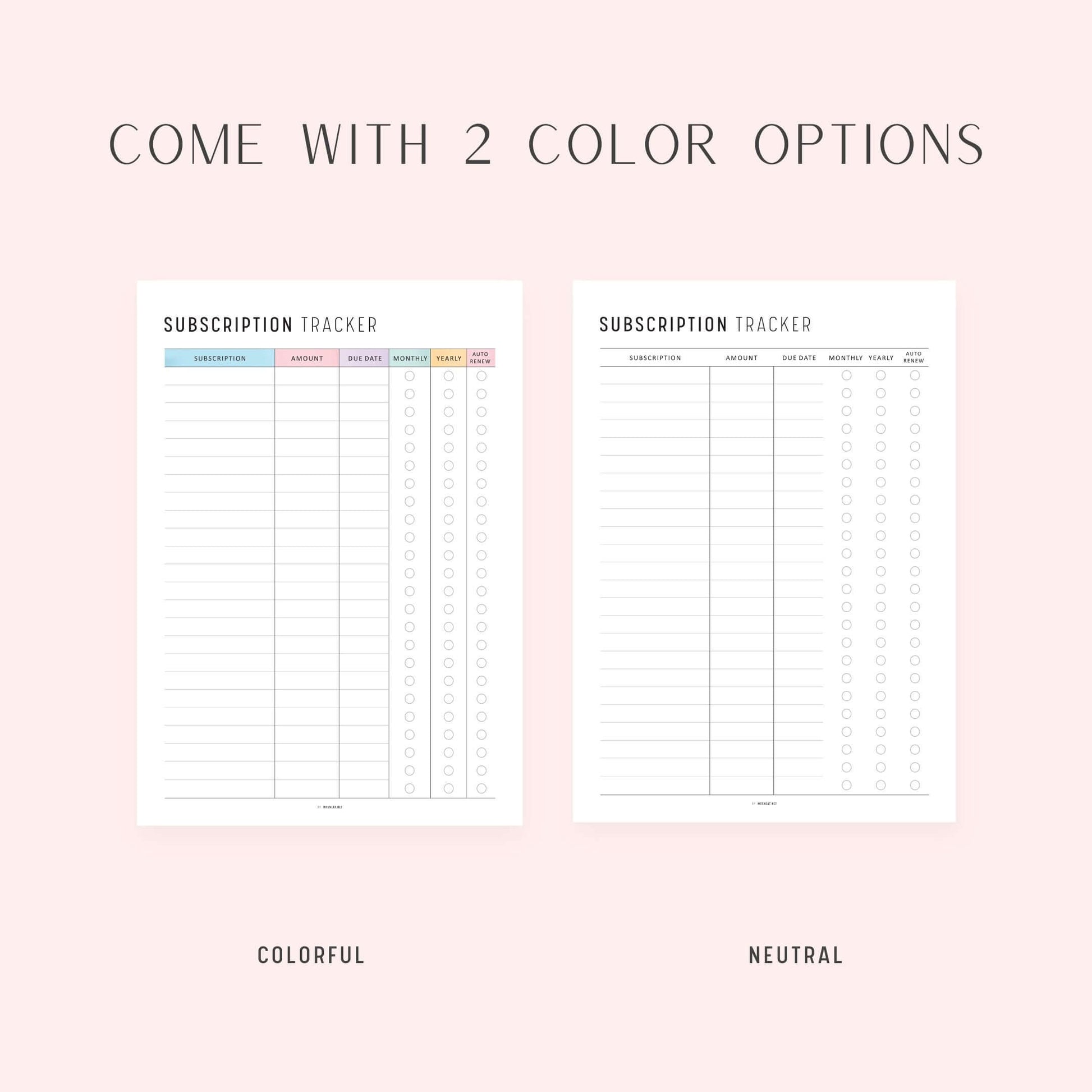 Subscription Tracker, Printable, A4, A5, Letter, Half Letter, PDF, Digital Planner, 2 Colors
