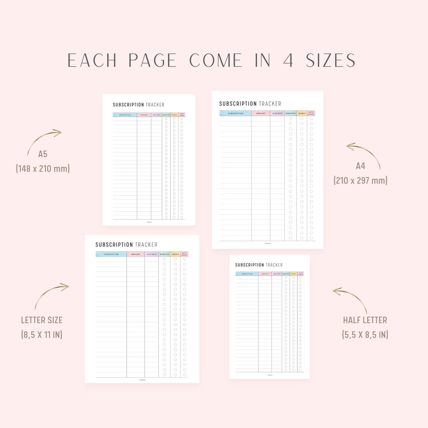 Subscription Tracker, Printable, A4, A5, Letter, Half Letter, PDF, Digital Planner, 2 Colors