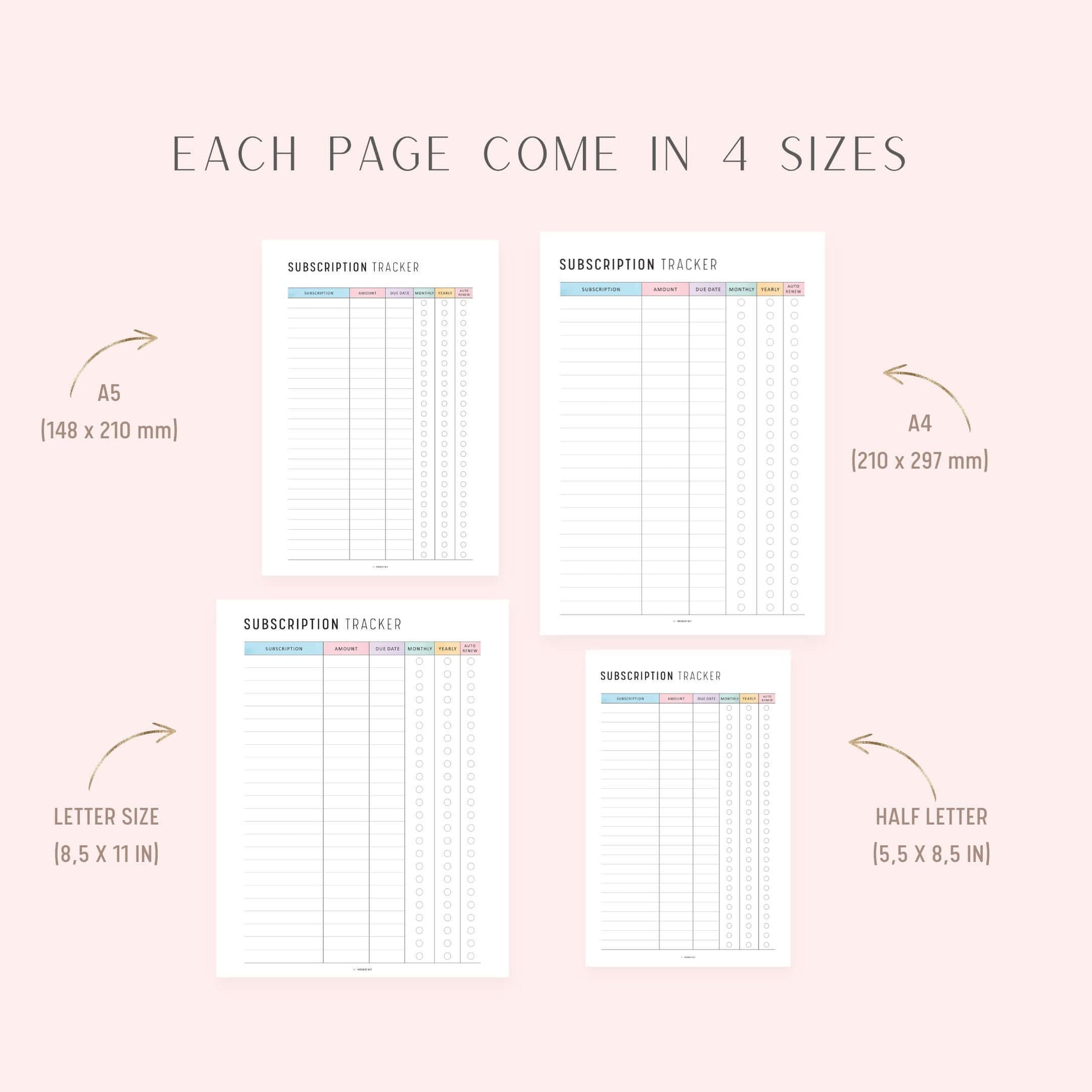 Subscription Tracker, Printable, A4, A5, Letter, Half Letter, PDF, Digital Planner, 2 Colors