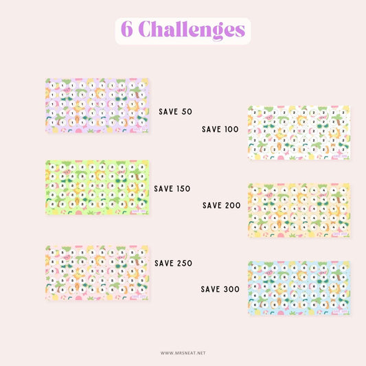 6 Challenges Summer Savings Challenge Fruit Theme for Budget Tracker, Save 50, Save 100, Save 150, Save 200, Save 250, Save 300