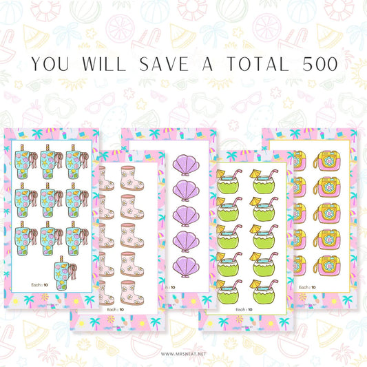 Summer Savings Challenge, A6, Printable, Colorful, Cute, 5 Challenges, 1 cover, Summer Themed, Total Save 500, Budget Tracker, Savings Tracker, Cash Stuffing, Tiny Mini Savings Challenge, Kawaii Savings Challenge, Low Income Savings Challenge, Low income budget tracker, Printable, Digital Download, 4 versions, EURO USD POUND BLANK