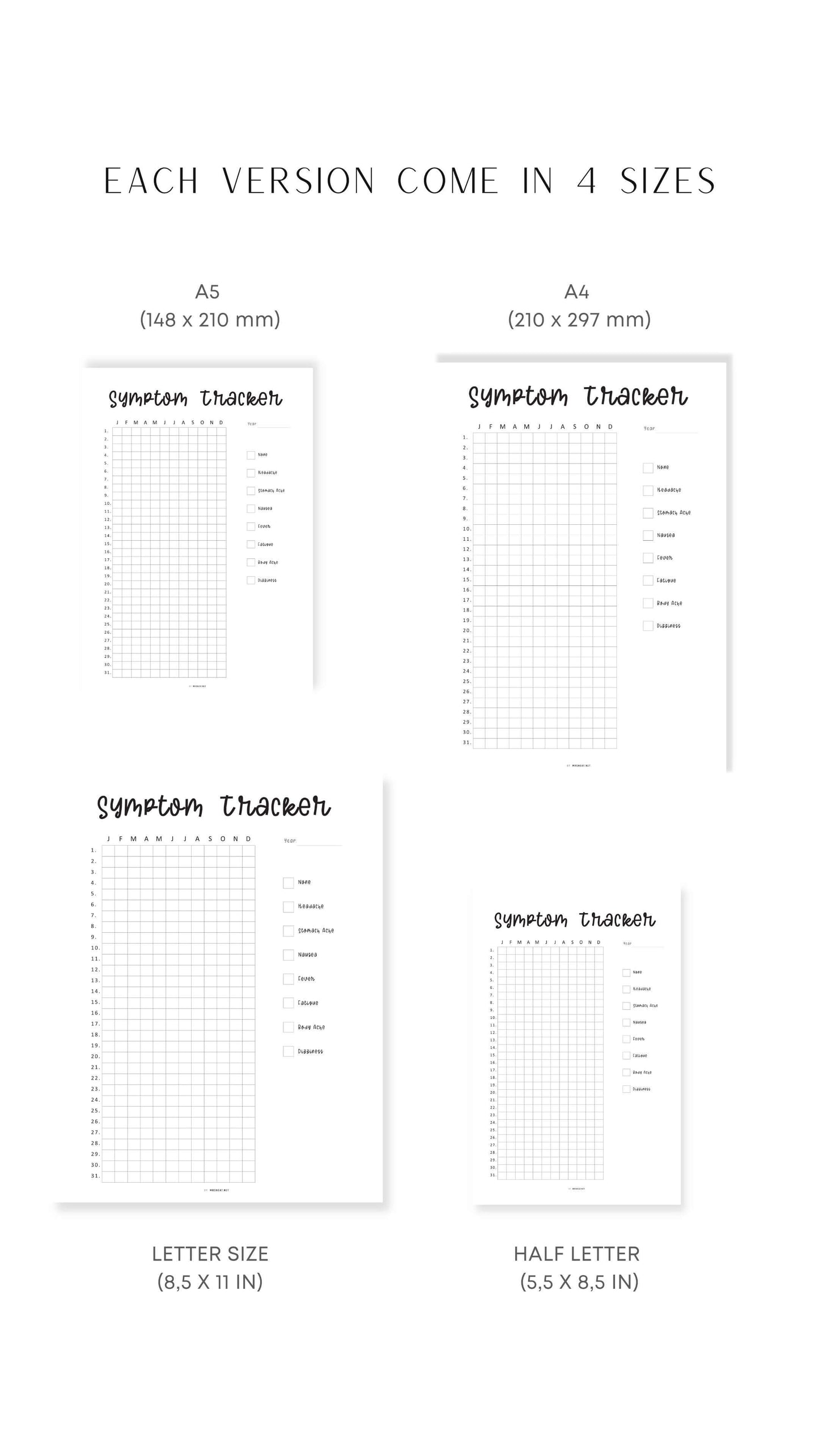 A4, A5, Letter, Half Letter Printable Symptom Tracker in Pixels