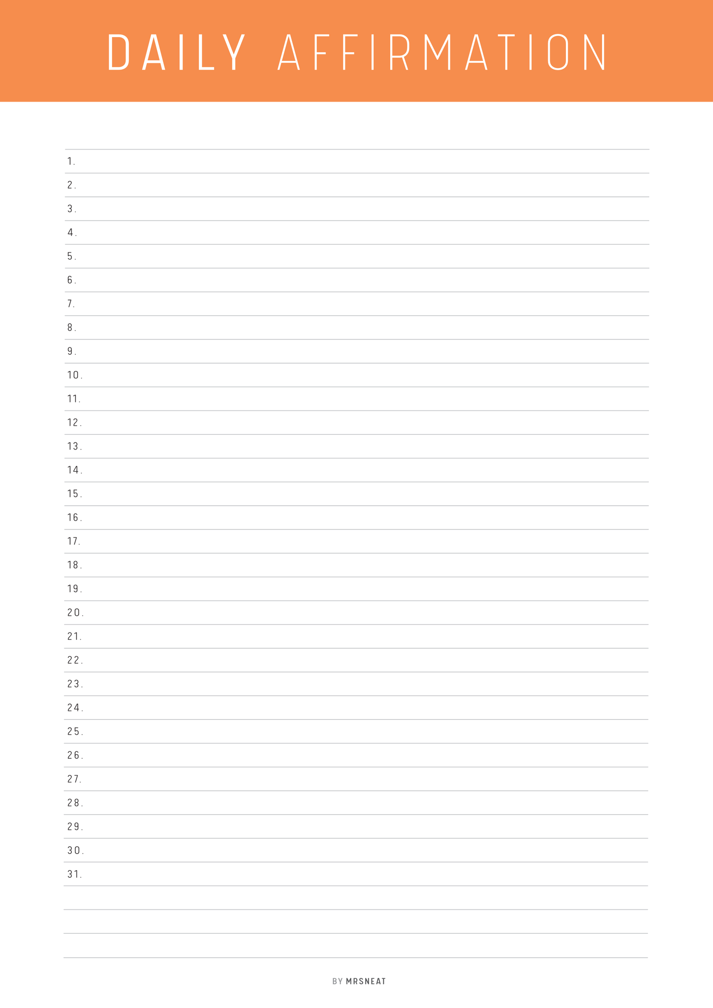 Blank sheet for daily affirmations with an orange header and white background