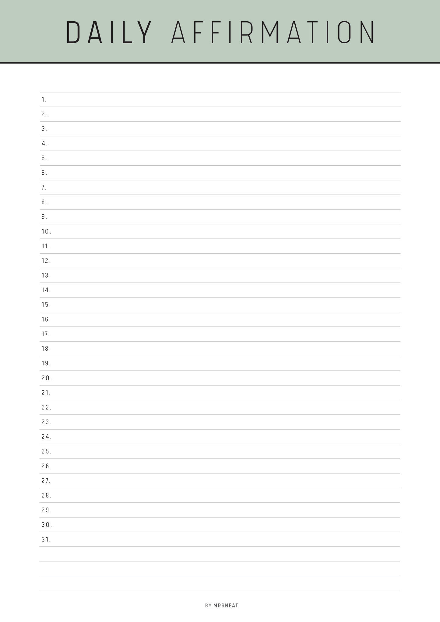 Blank sheet for daily affirmations with a green header and white background