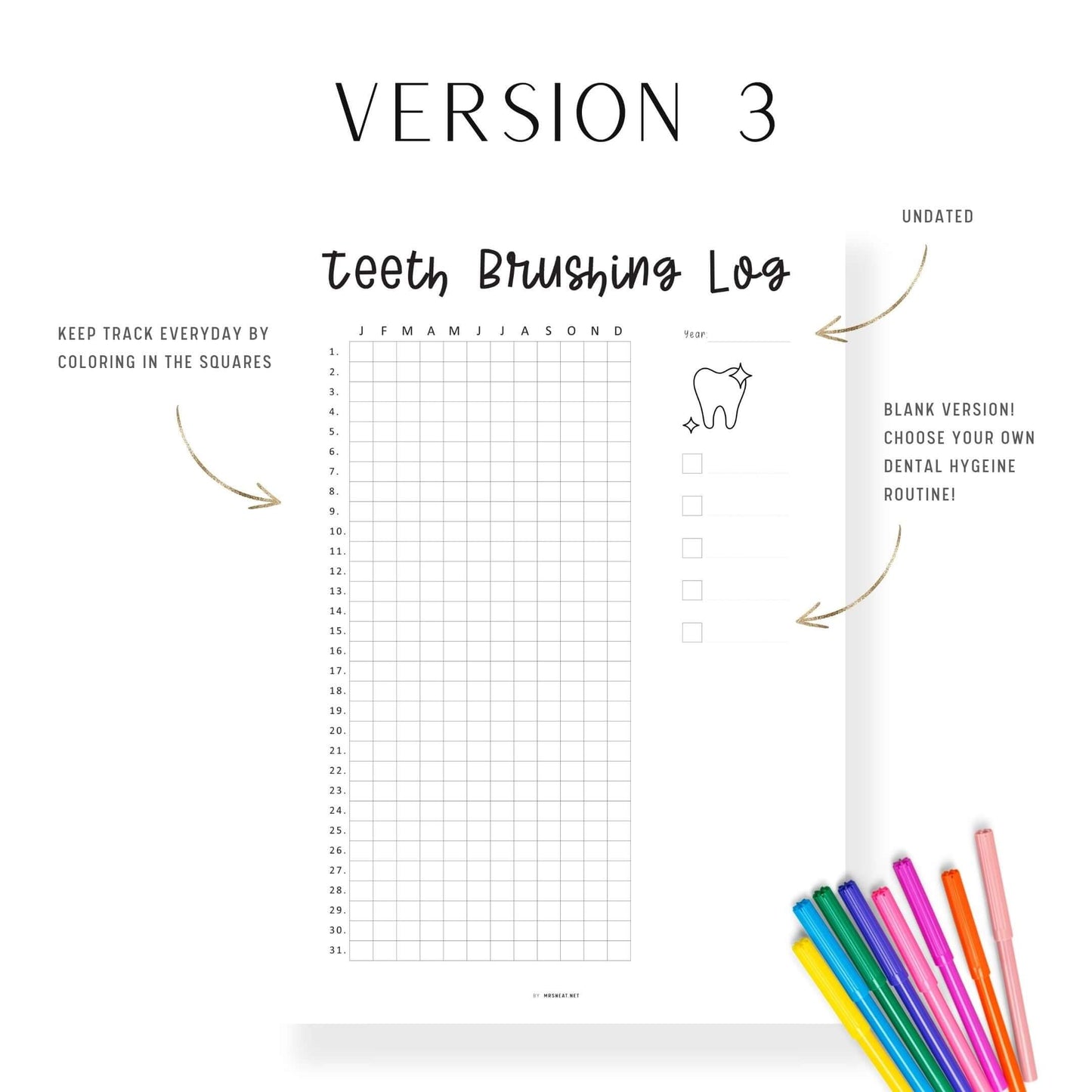 3 versions Teeth Brushing Tracker Printable