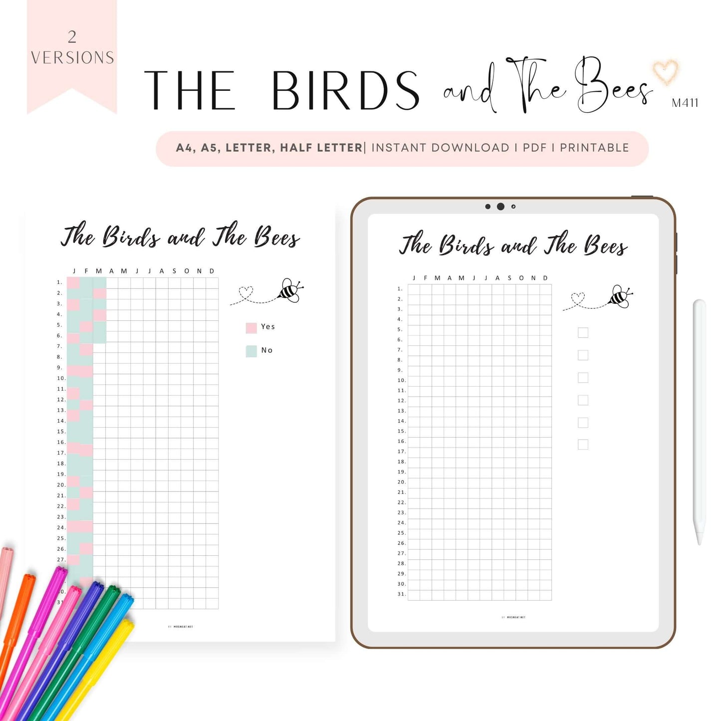 Intimacy Tracker Template Printable, Sex Tracker, Intimacy Tracker, The Birds and The Bees Tracker Template, Sexual Health Tracker, Love Tracker, PDF, A4, A5, Letter, Half Letter, 2 versions