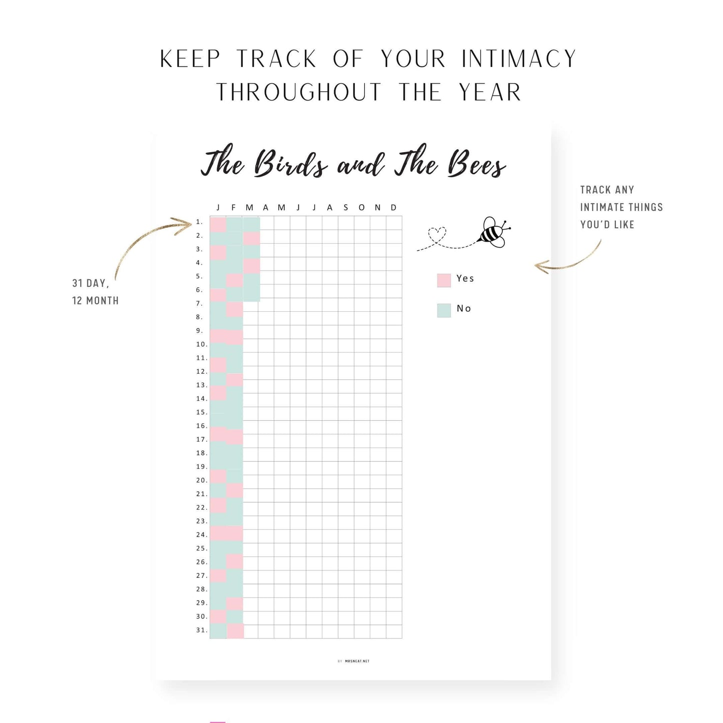 Intimacy Tracker Template Printable, Sex Tracker, Intimacy Tracker, The Birds and The Bees Tracker Template, Sexual Health Tracker, Love Tracker, PDF, A4, A5, Letter, Half Letter, 2 versions