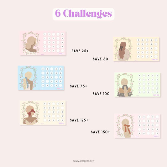 Set of six challenge trackers with different savings goals on a light pink background. Save 25+, Save 50, Save 75+, Save 100, Save 125+, Save 150+