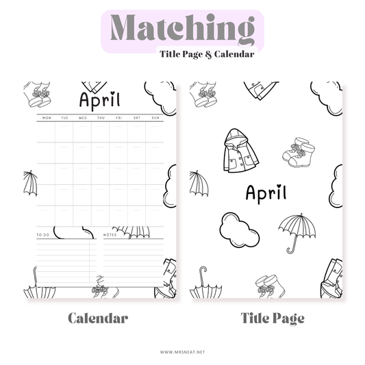 Calendar title page with April layout and matching design elements on a white background.