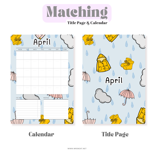 Matching title page and calendar for April with rain-themed design.