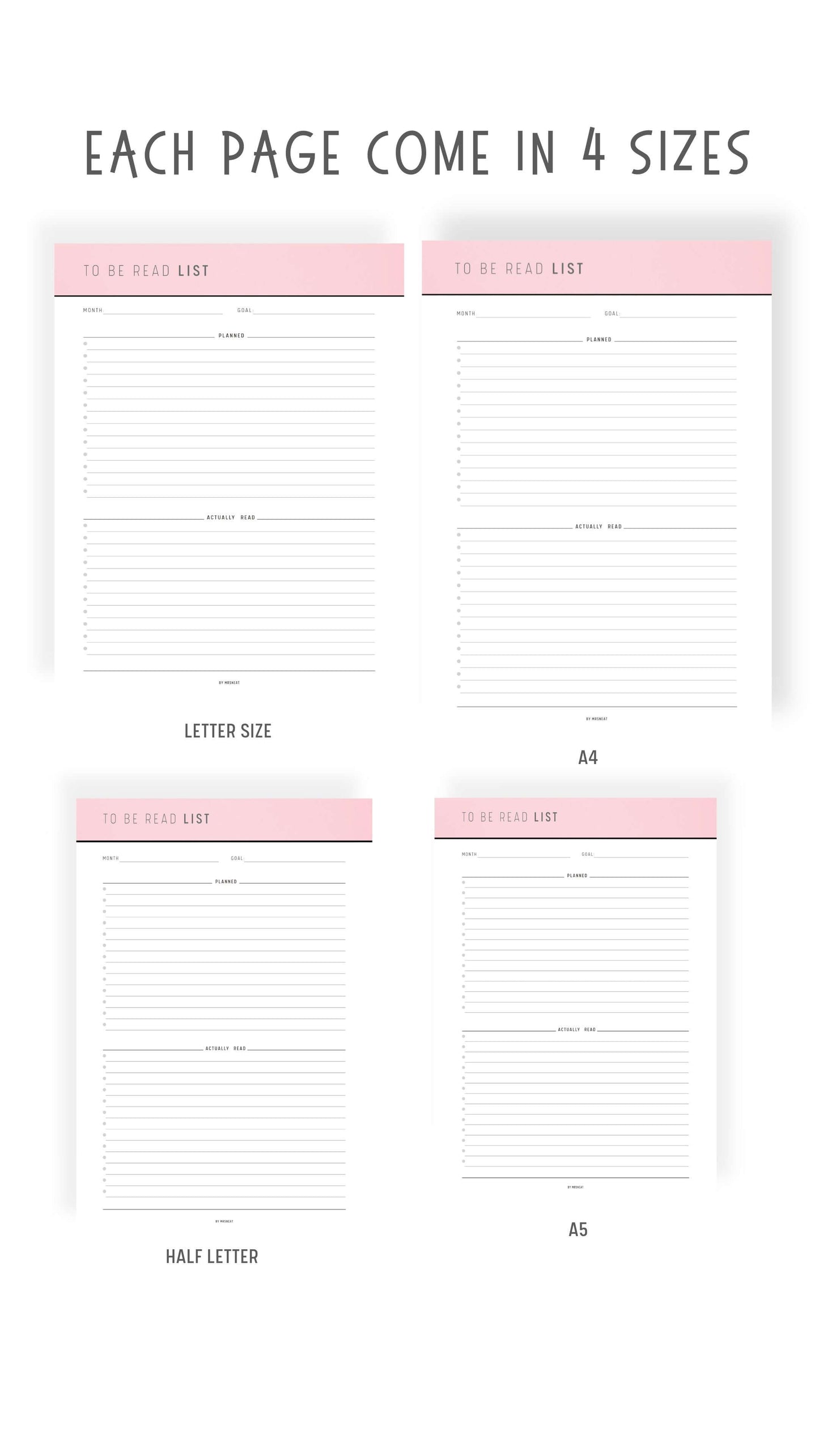 A4, A5, Letter, Half Letter Books To Read List Template PDF