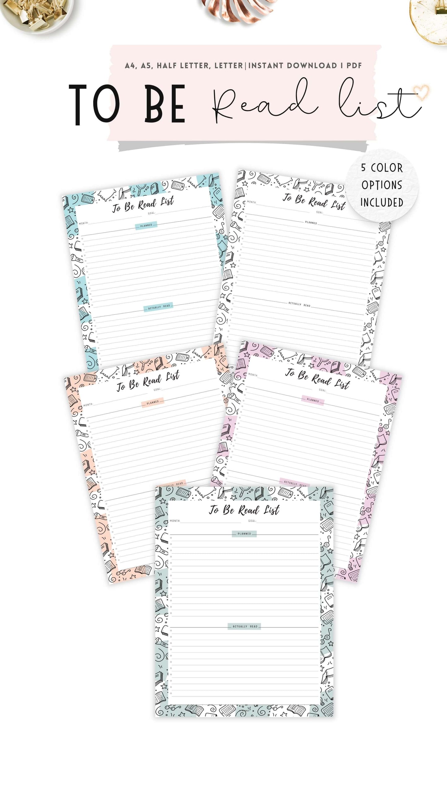 To Be Read List Template Printable, 5 colors ; Peach, Pink, Blue, Green, Neutral, 4 sizes ; A4, A5, Letter, Half Letter, Digital Planner