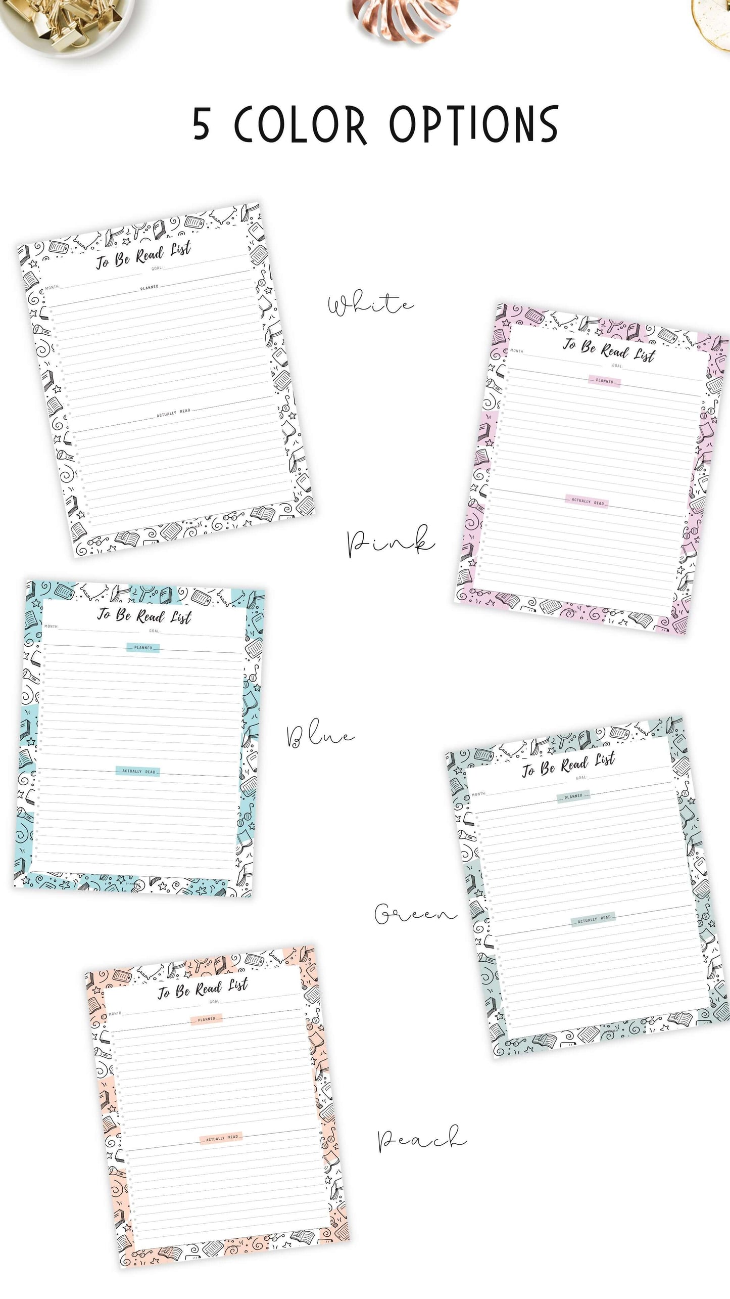 To Be Read List Template Printable, 5 colors ; Peach, Pink, Blue, Green, Neutral, 4 sizes ; A4, A5, Letter, Half Letter, Digital Planner