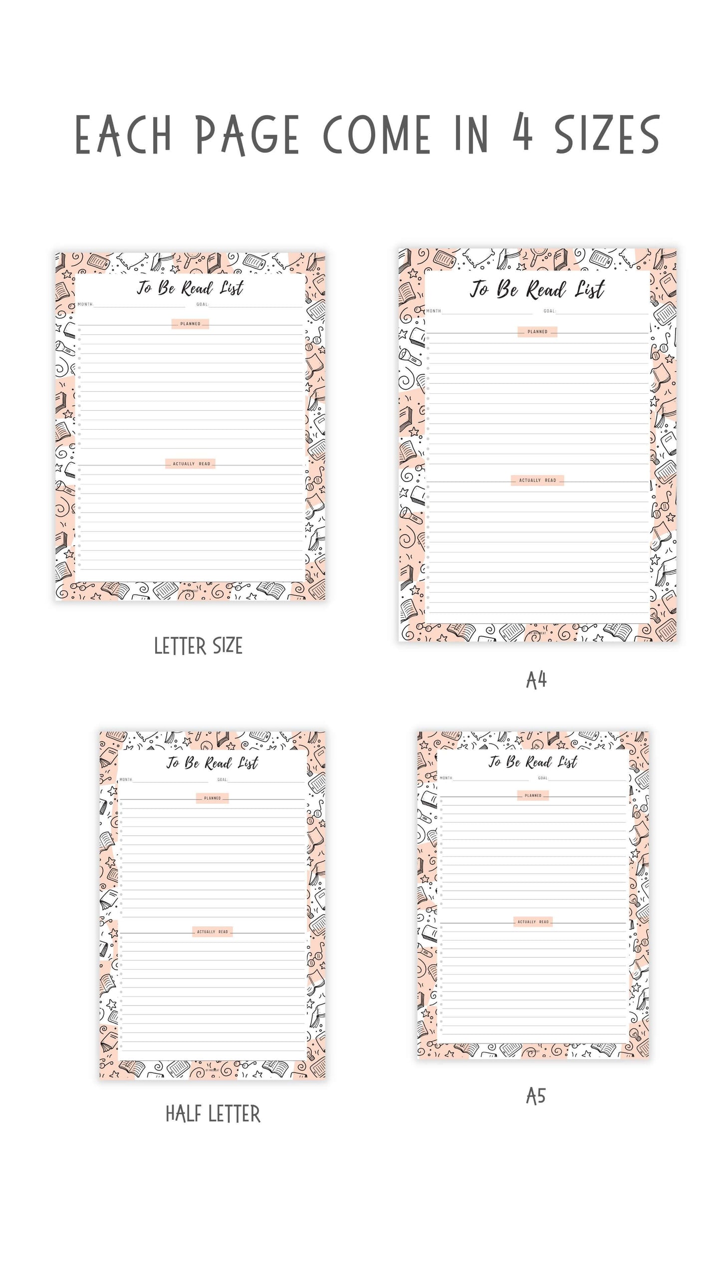 To Be Read List Template Printable, 5 colors ; Peach, Pink, Blue, Green, Neutral, 4 sizes ; A4, A5, Letter, Half Letter, Digital Planner