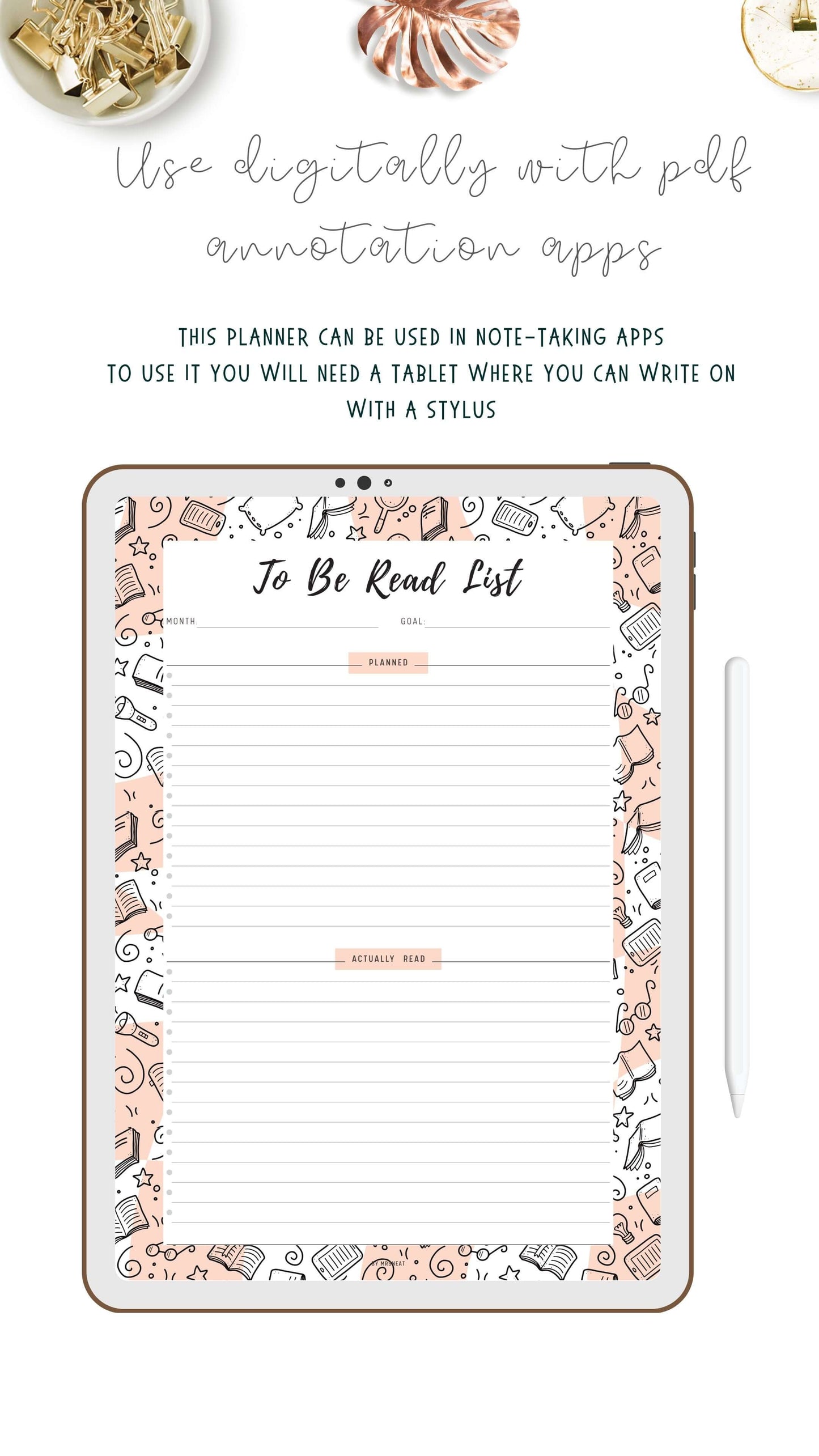 To Be Read List Template Printable, 5 colors ; Peach, Pink, Blue, Green, Neutral, 4 sizes ; A4, A5, Letter, Half Letter, Digital Planner