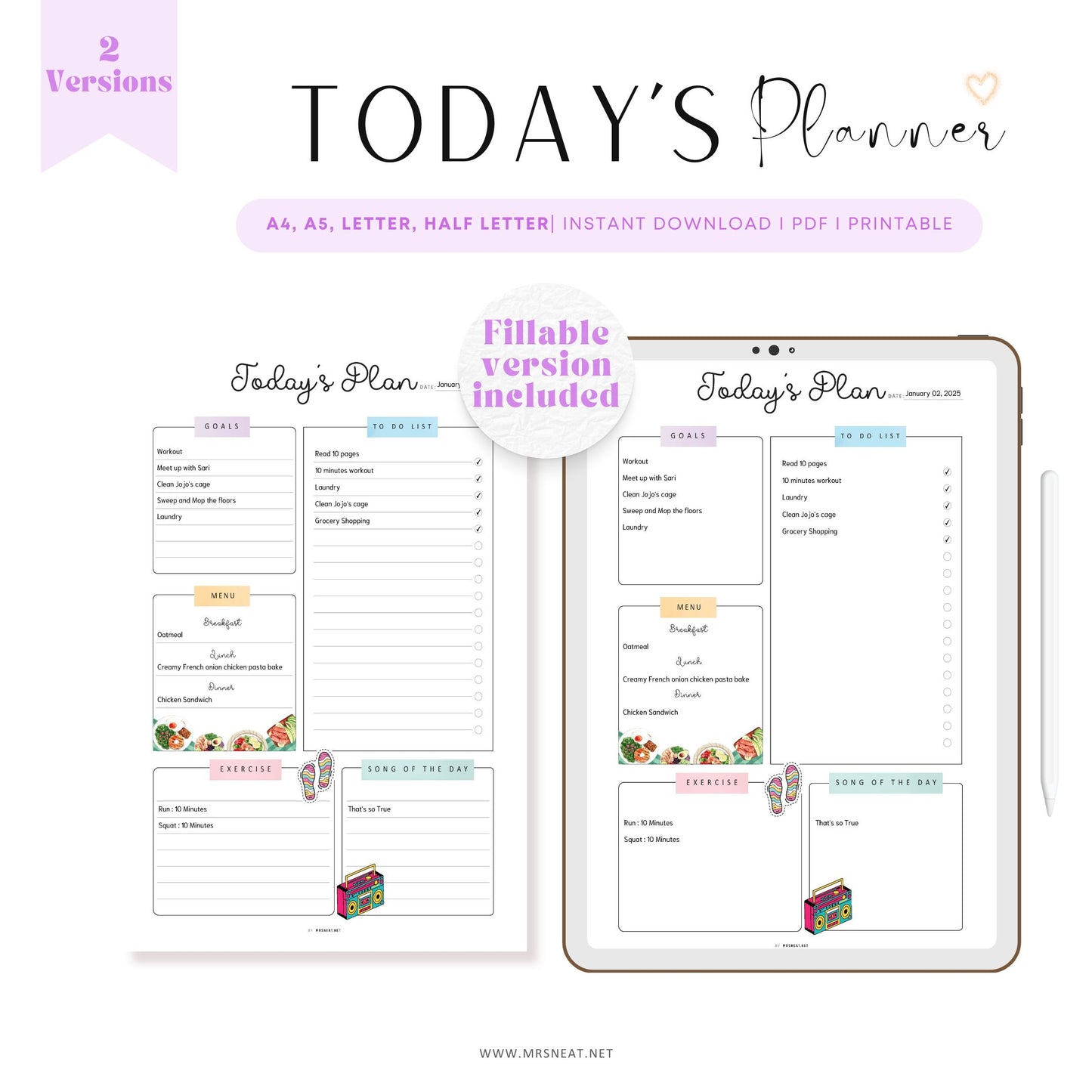 Todays Plan, Daily Planner Page, Daily Agenda Pages, PRINTABLE Journal Page, Planner Page, Daily Schedule, Daily To Do List, Agenda, PDF Fillable, Digital Planner, Printable Planner, Lined and Unlined, A4, A5, Letter, Half Letter
