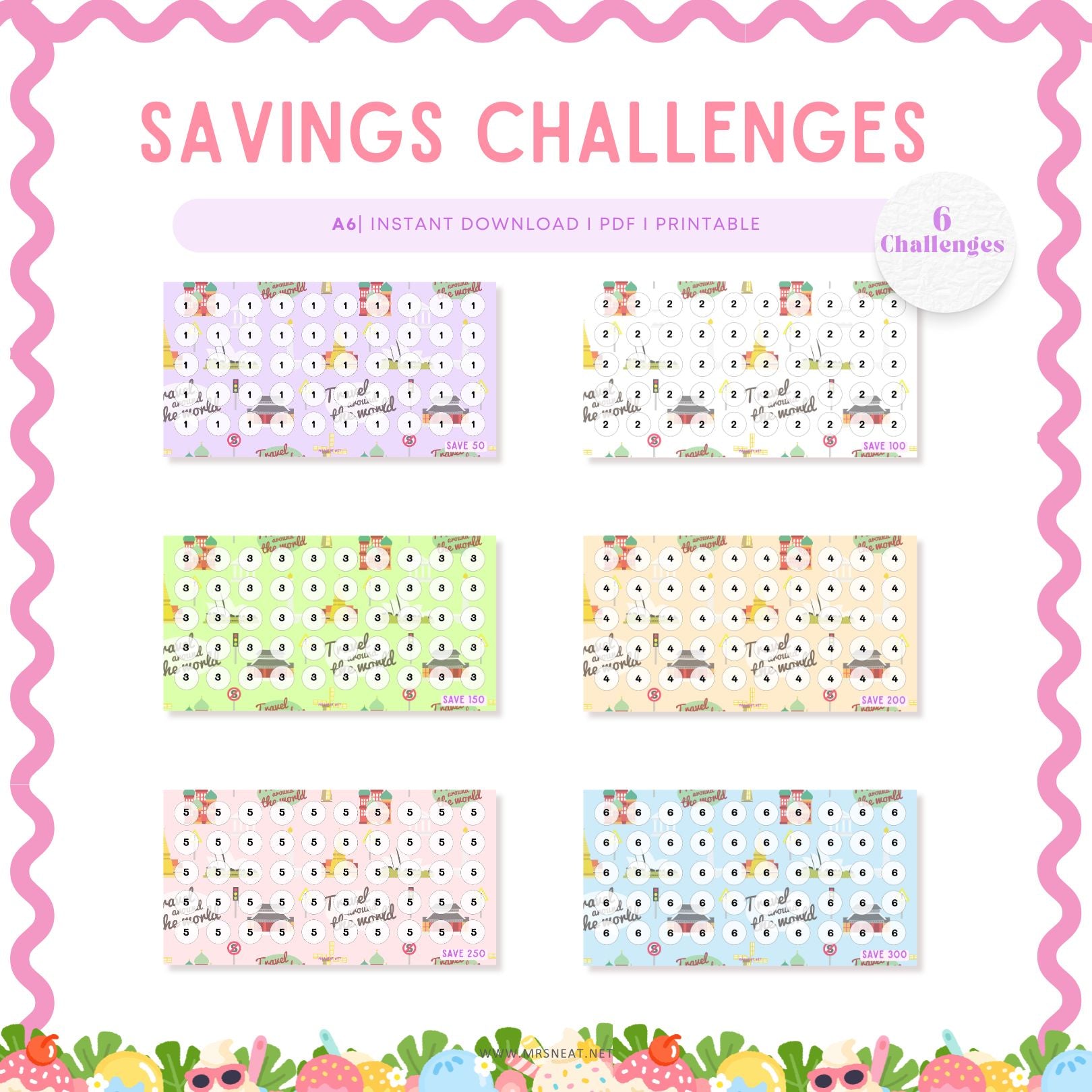 savings challengeスマイル Nj_saving Colorful Set of Six Summer Holiday Mini Savings Challenge – mrsneat
