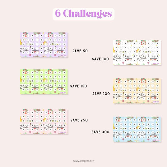 Cute Set of Six pastel (Purple, White, Green, Cream, Pink and Blue) Summer Holiday Mini Savings Challenge A6 PRINTABLE (PDF) for Low Income Savings