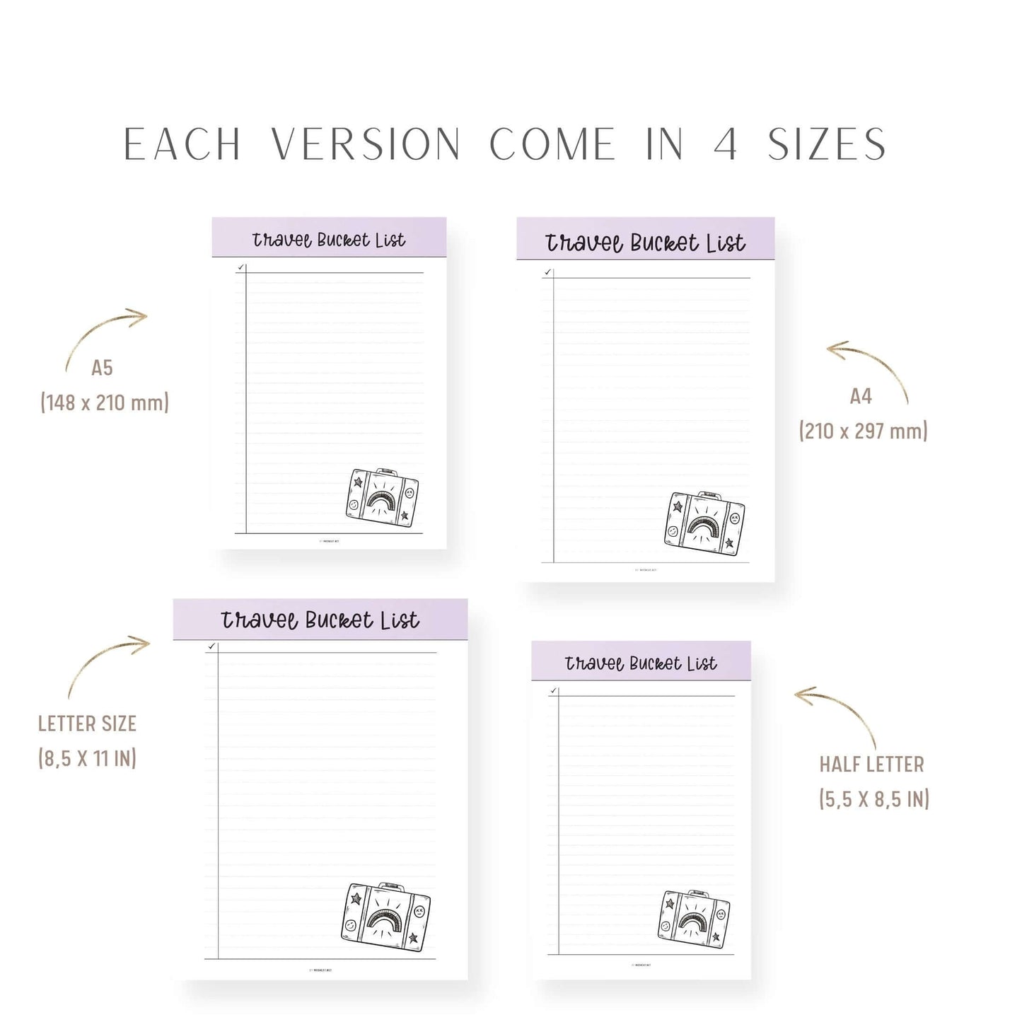 A4, A5, Letter, Half Letter Travel Bucket List Template Printable Inserts