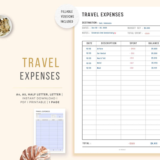 Travel Expenses Tracker Template Printable, A4, A5, Letter, Half Letter, Fillable version included