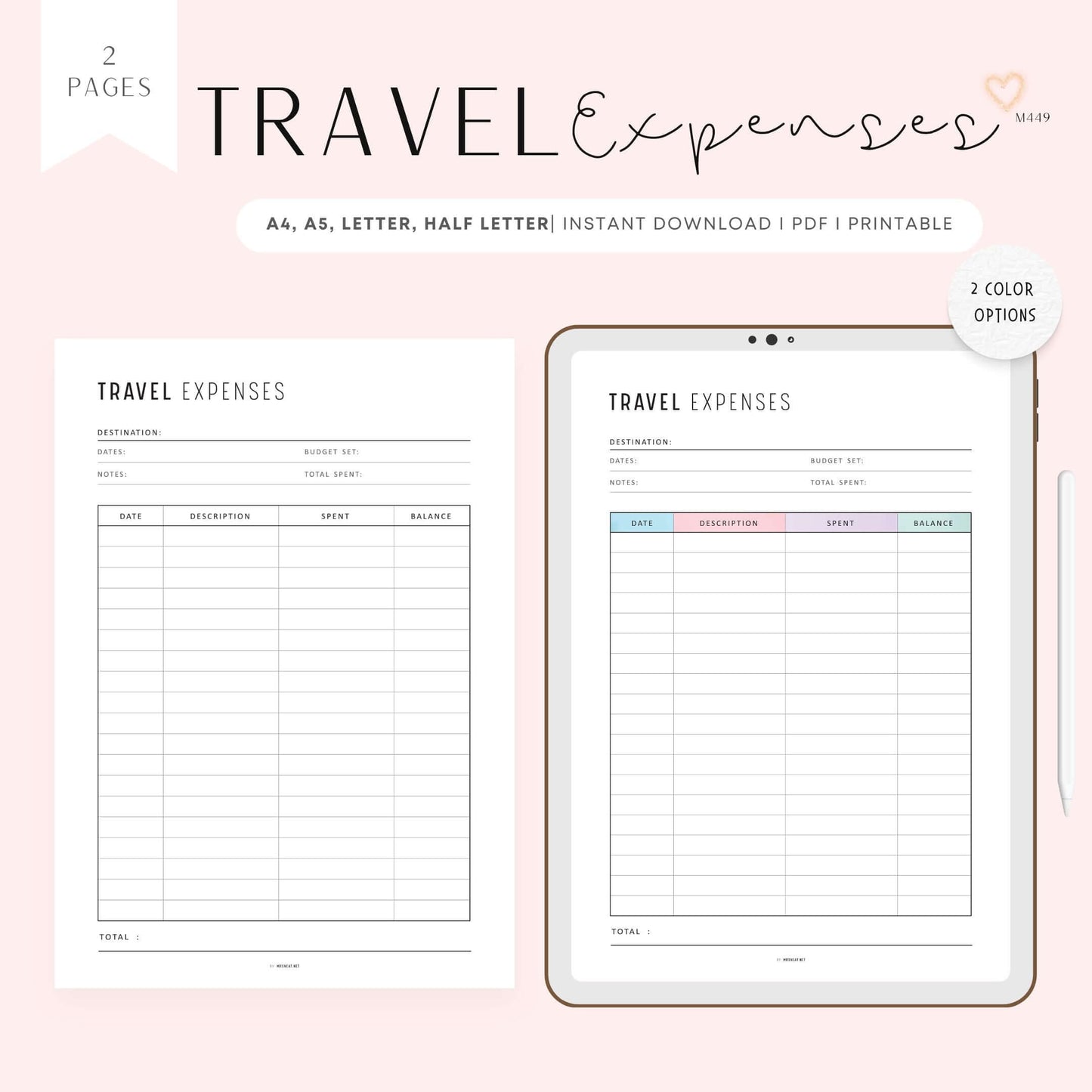 Travel Expense Tracker, Printable, A4, A5, Letter, Half Letter, Digital Planner, 2 Colors