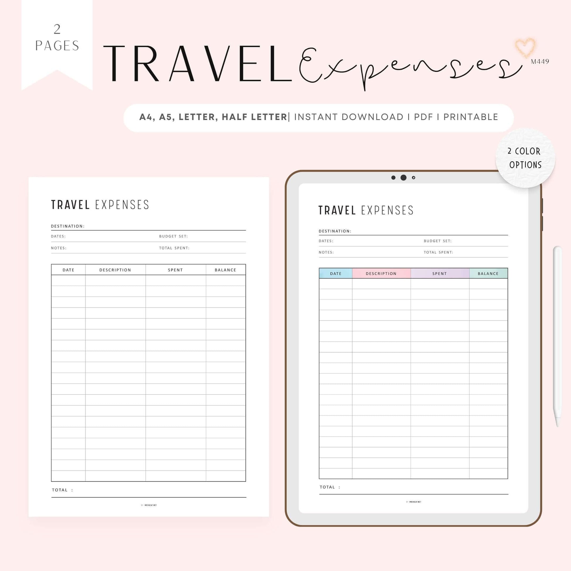 Travel Expense Tracker, Printable, A4, A5, Letter, Half Letter, Digital Planner, 2 Colors