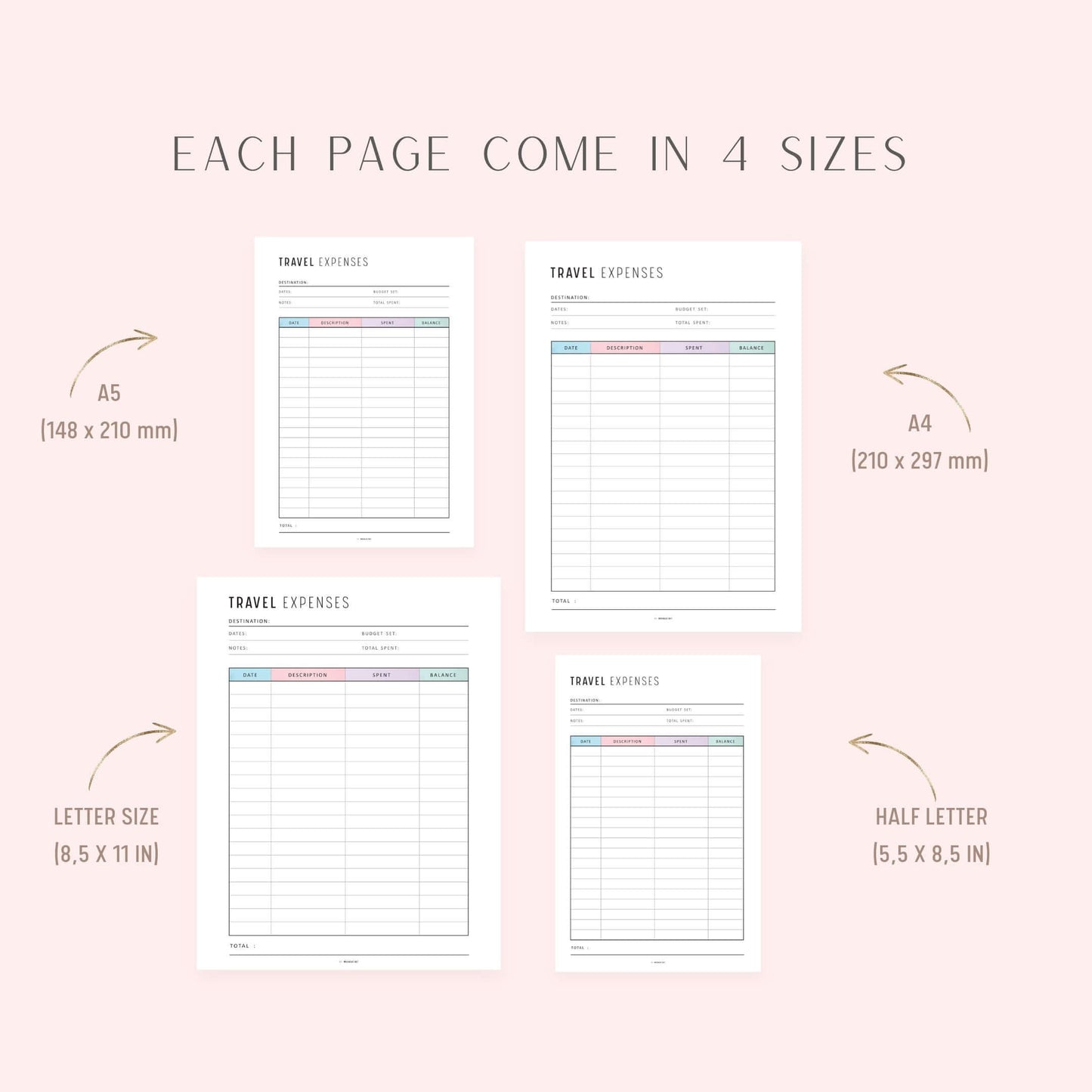 Travel Expense Tracker, Printable, A4, A5, Letter, Half Letter, Digital Planner, 2 Colors