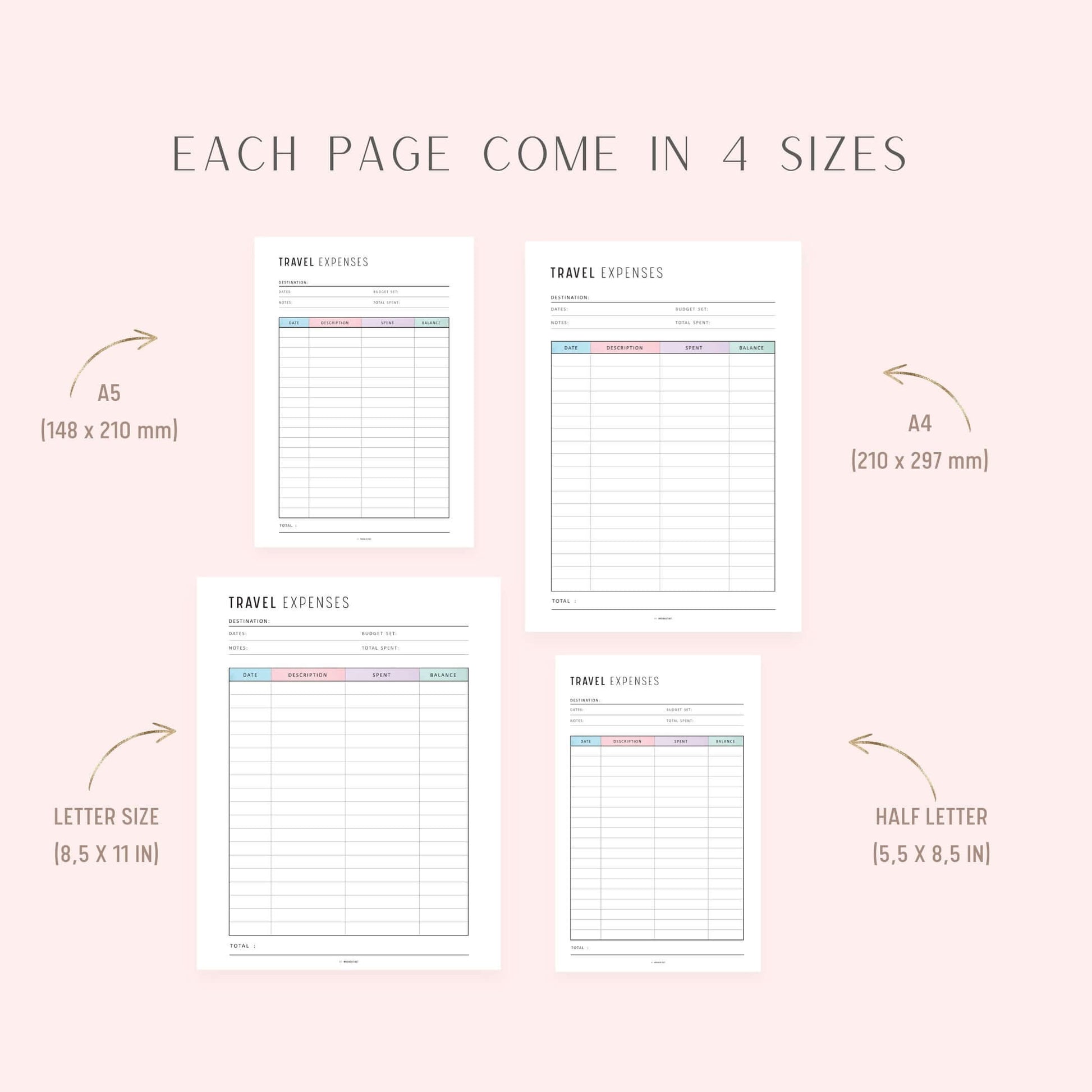 Travel Expense Tracker, Printable, A4, A5, Letter, Half Letter, Digital Planner, 2 Colors