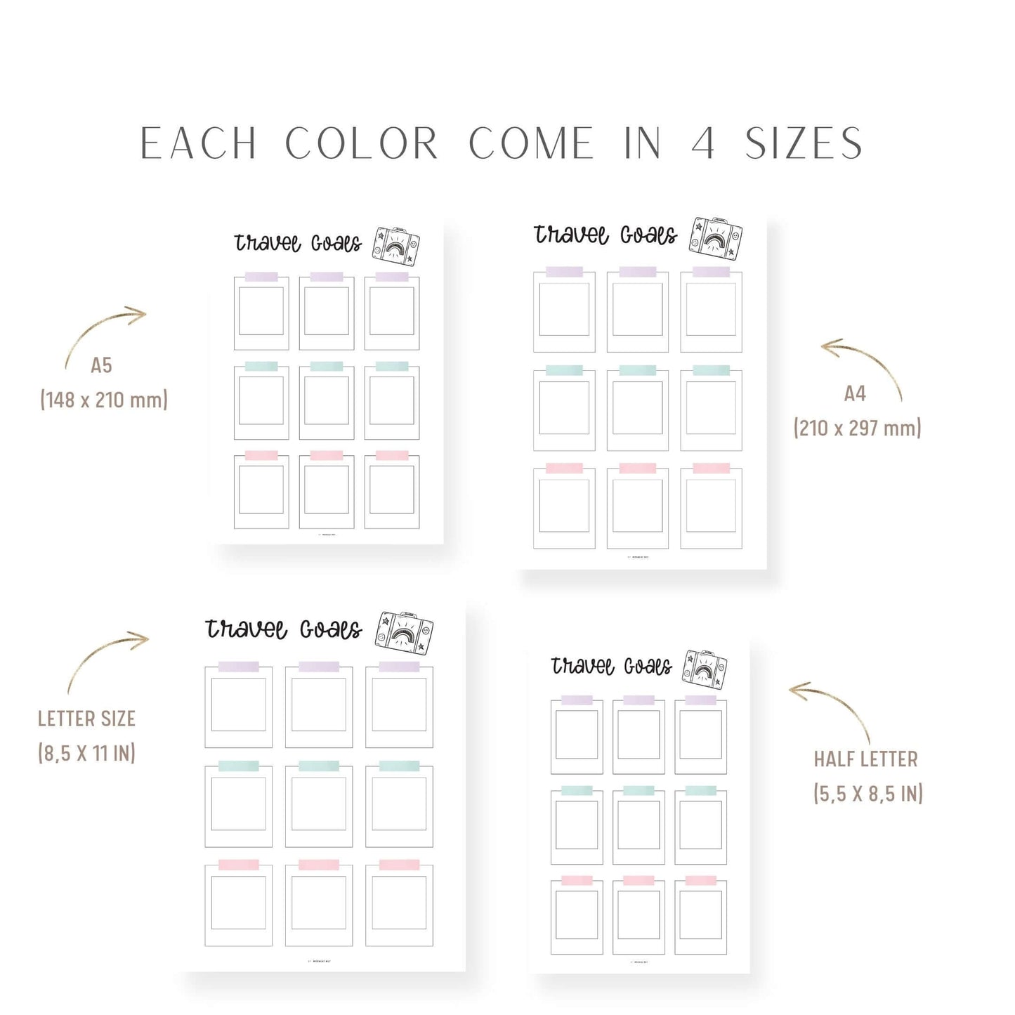 A4, A5, Letter, Half Letter Travel Goals Planner Printable Inserts