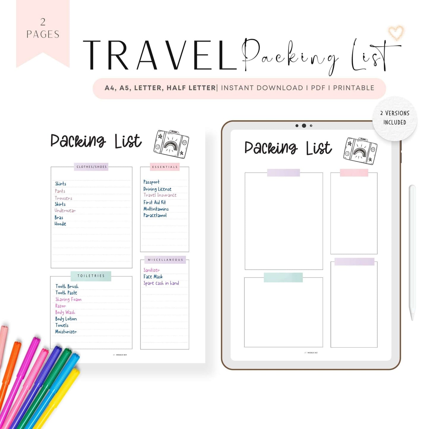 Travel Packing List Template Printable, Fillable PDF, Digital Planner