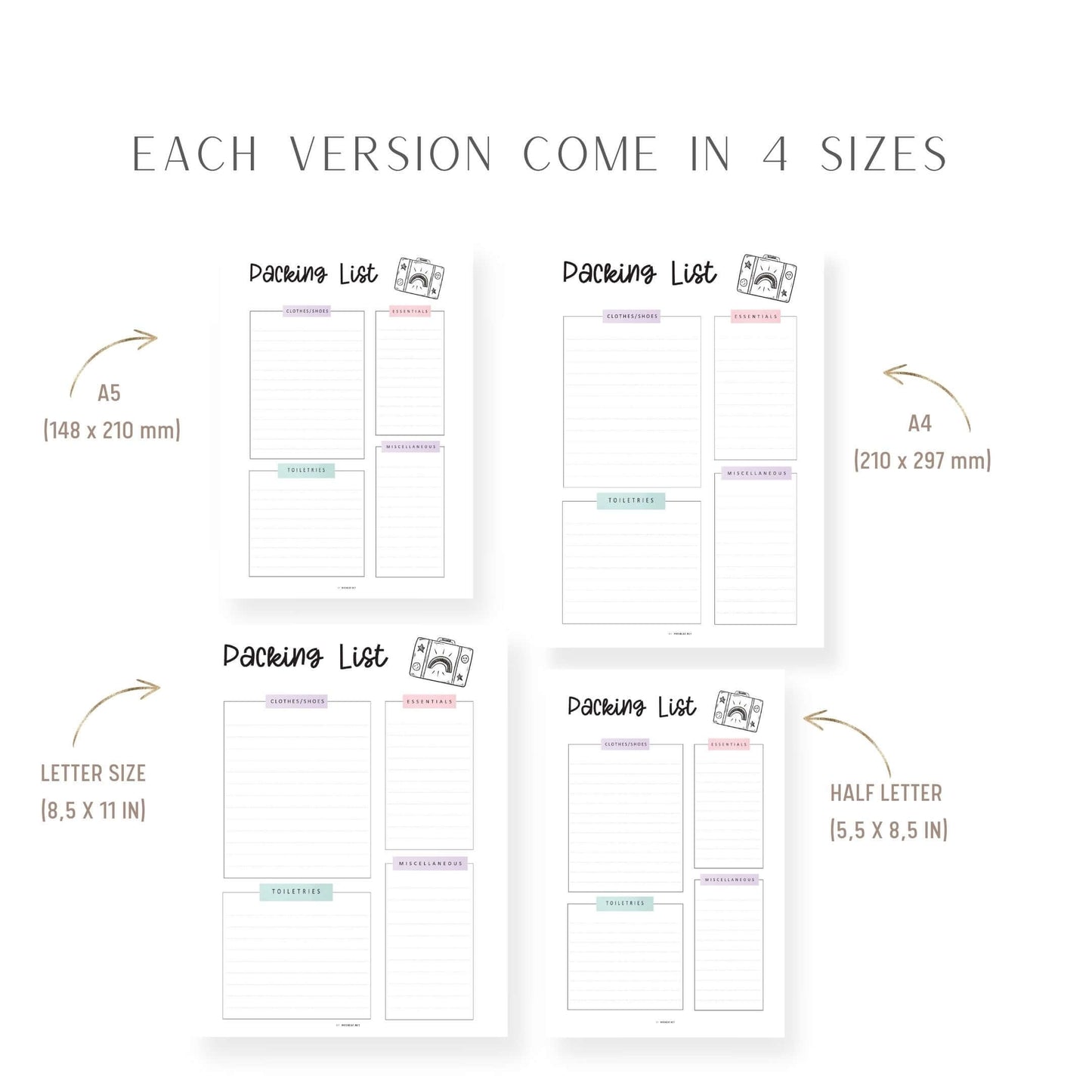 A4, A5, Letter, Half Letter Travel Packing List Template Printable