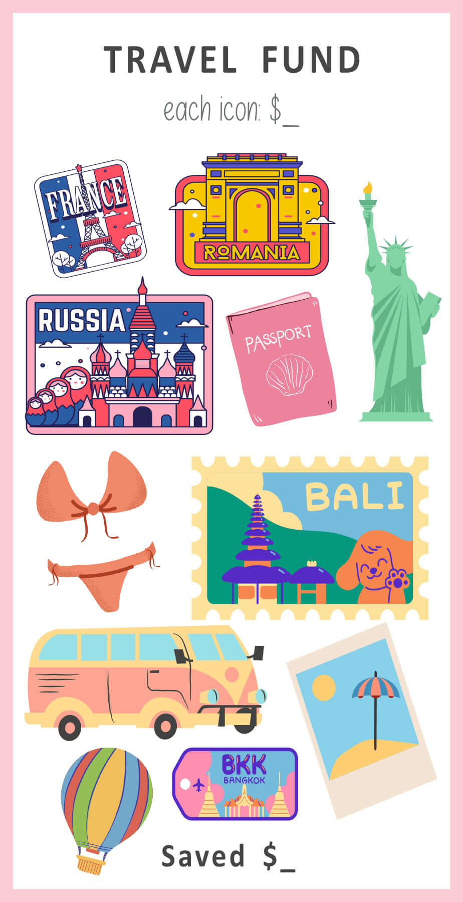 Travel Fund Savings Challenge, Printable, A6, Colorful, PDF, 6 versions