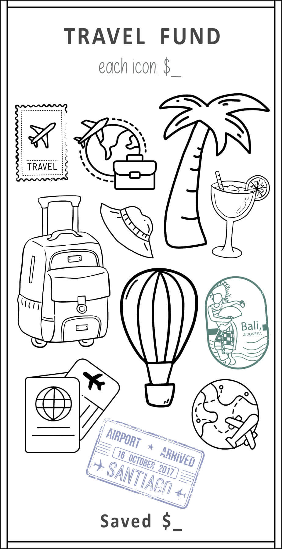Travel Fund Savings Challenge, Printable, A6, Colorful, PDF, 6 versions