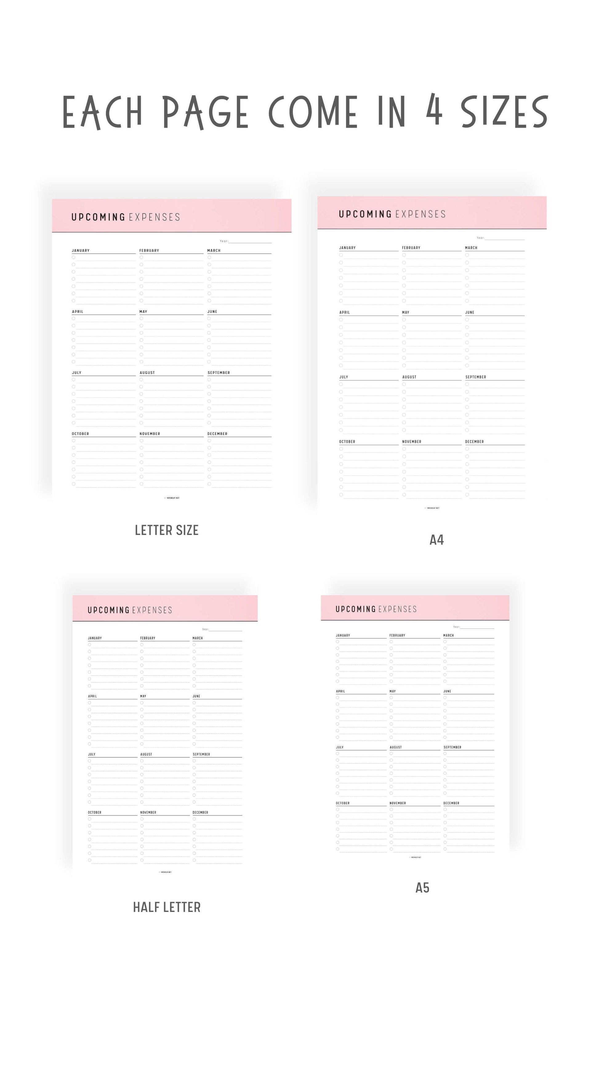 A4, A5, Letter, Half Letter Upcoming Expenses Template Printable