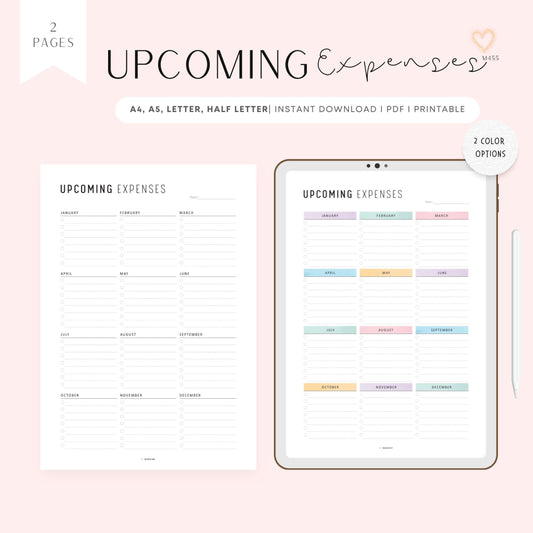 Upcoming Expenses Template, Printable, A4, A5, Letter, Half Letter, PDF, Digital Planner, 2 Colors, Instant Download