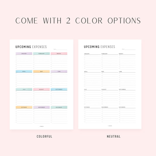 Upcoming Expenses Template, Printable, A4, A5, Letter, Half Letter, PDF, Digital Planner, 2 Colors, Instant Download