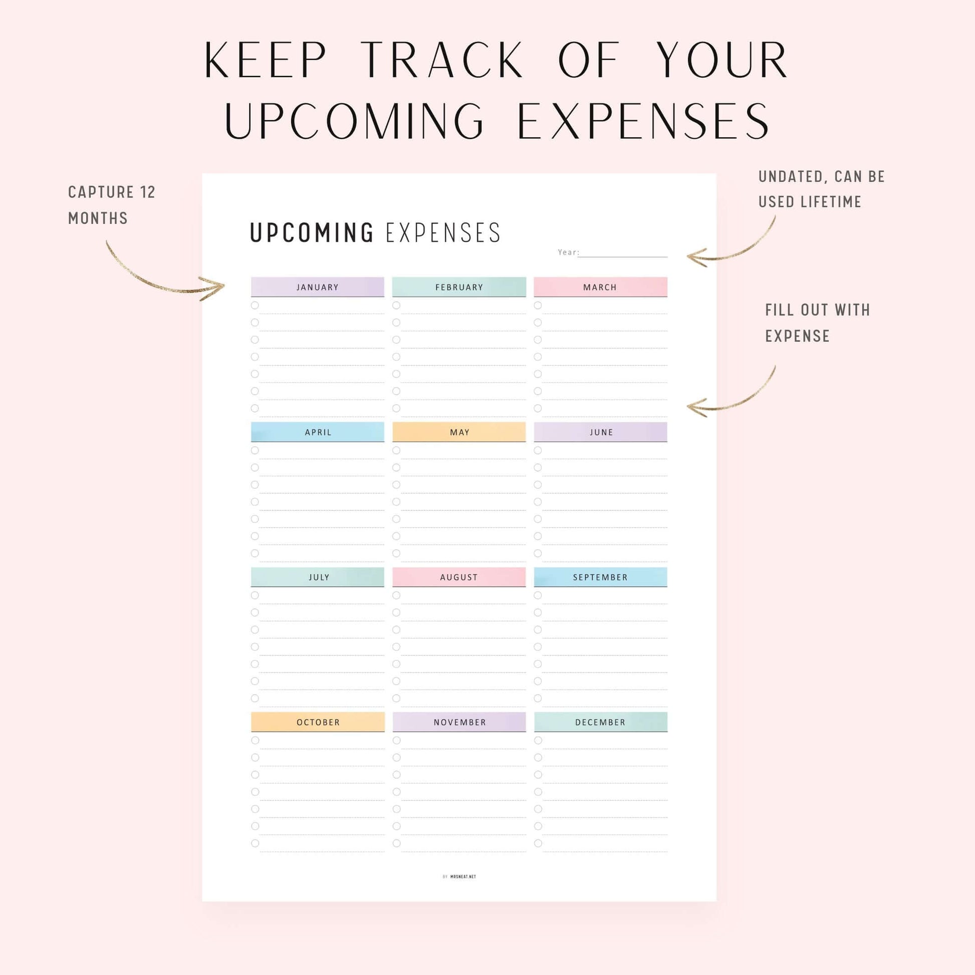 Upcoming Expenses Template, Printable, A4, A5, Letter, Half Letter, PDF, Digital Planner, 2 Colors, Instant Download